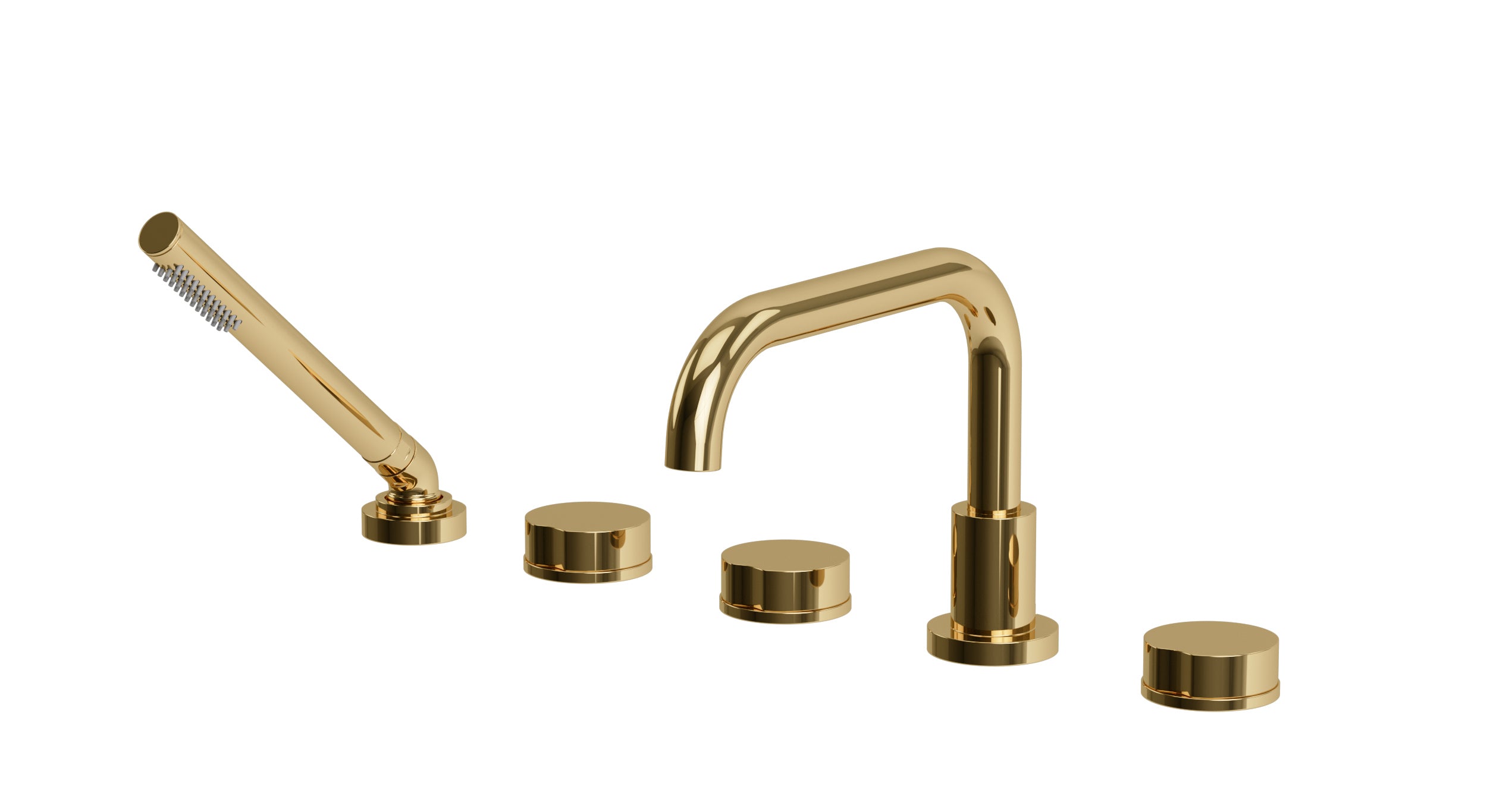 Foundry Three Handle Deck Mount Squaretop Bath Trim with Hand Shower and Circle Knob Handles in Polished Brass