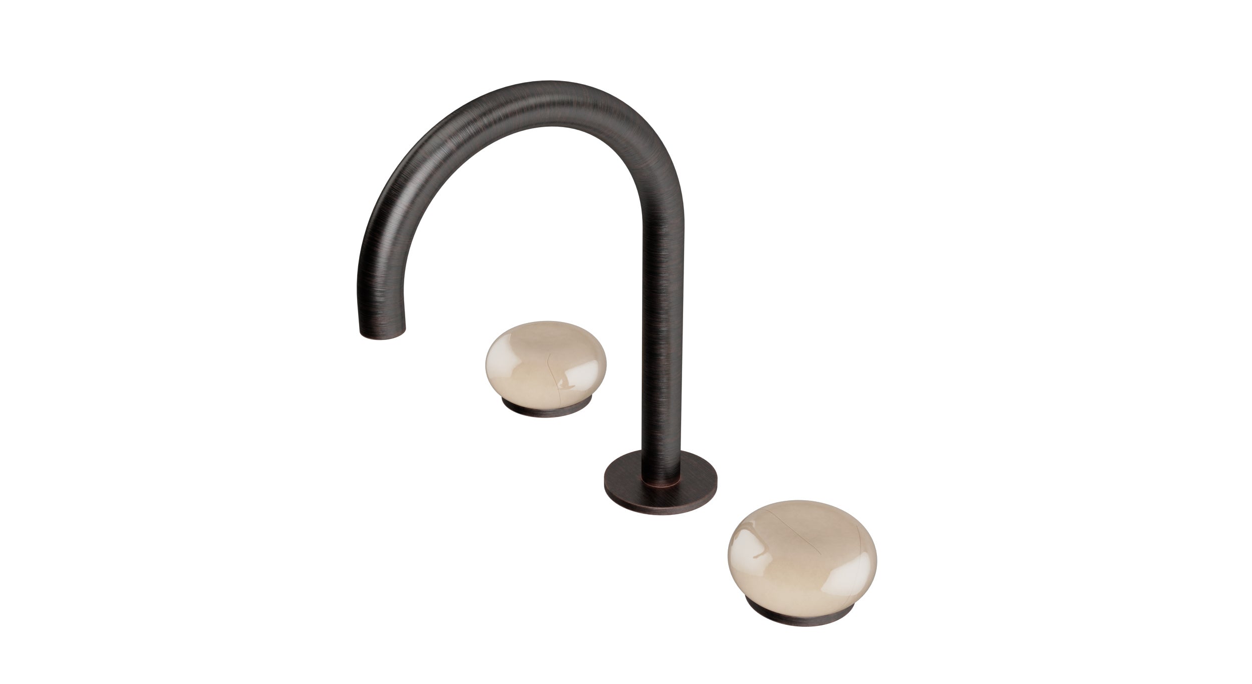 Foundry Two Handle Deck Mount Gooseneck Lavatory Faucet with Pebble Ceramic Knob Handles in Antique Bronze