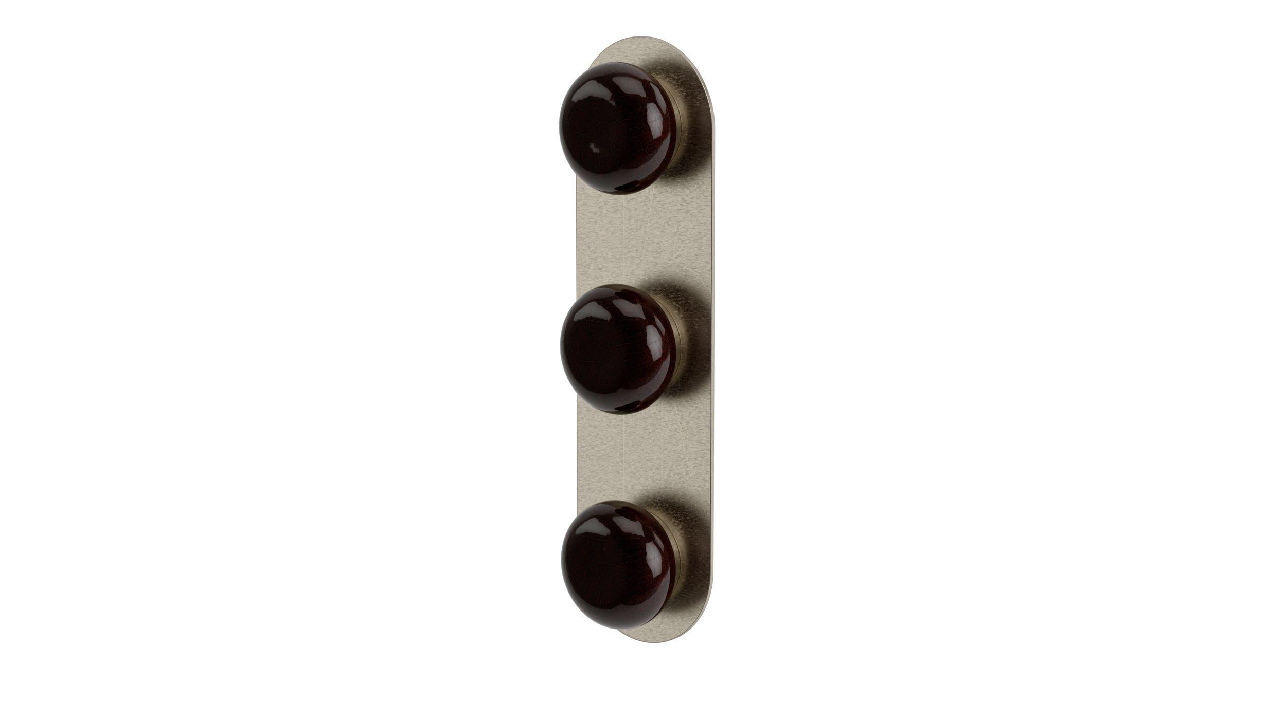 Foundry Three Handle Wall Mount Shower Trim with Pebble Ceramic Knob Handles in Satin Nickel