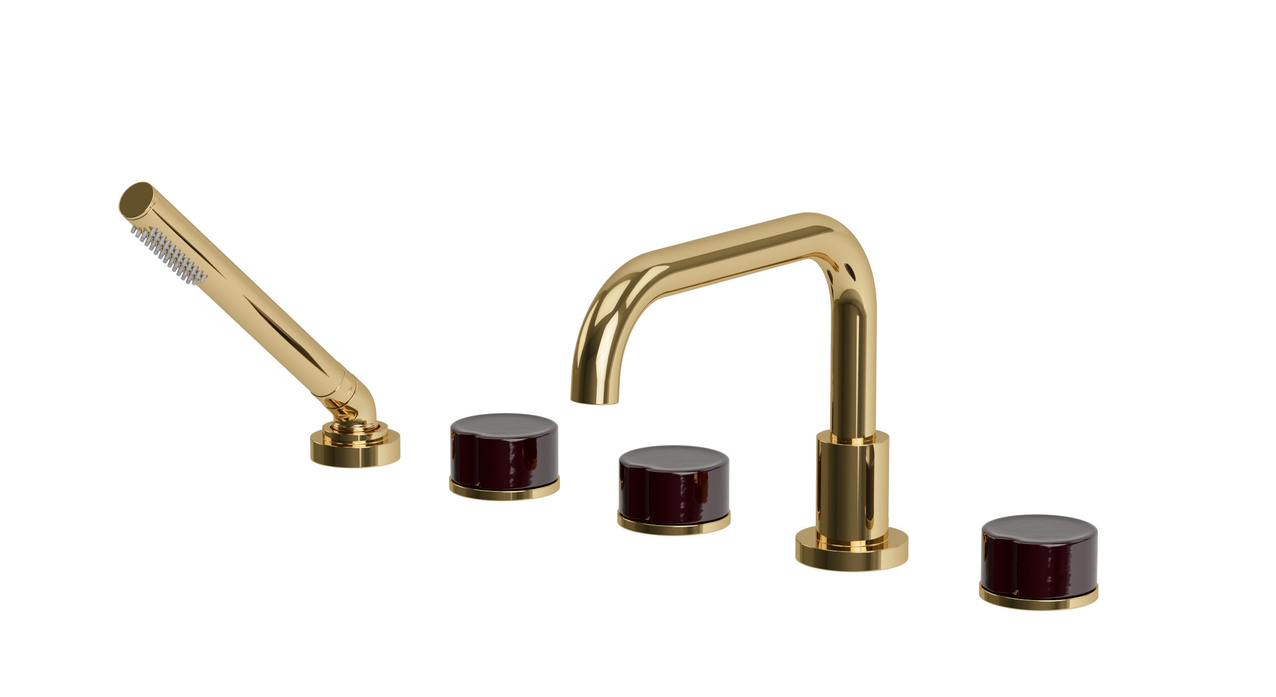Foundry Three Handle Deck Mount Squaretop Bath Trim with Hand Shower and Groove Ceramic Knob Handles in Polished Brass