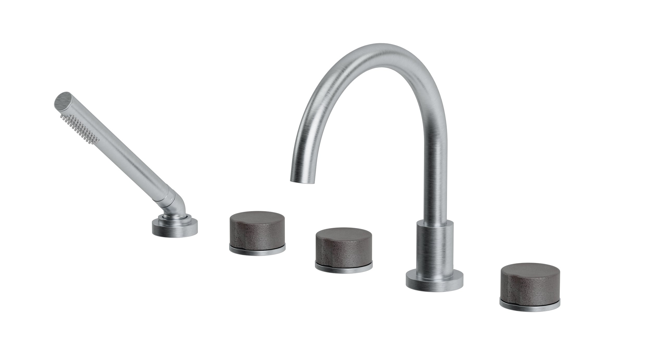 Foundry Three Handle Deck Mount Gooseneck Bath Trim with Hand Shower and Groove Ceramic Knob Handles in Satin Chrome