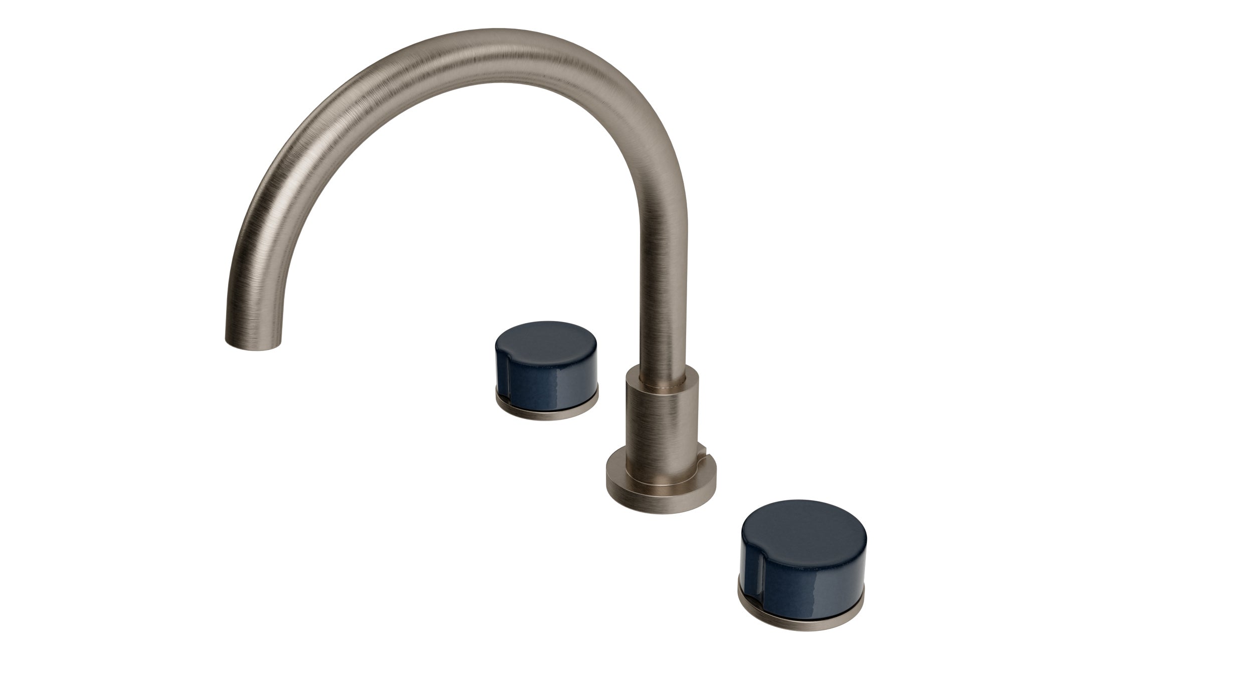Foundry Two Handle Deck Mount Gooseneck Bath Trim with Groove Ceramic Knob Handles in Antique Nickel