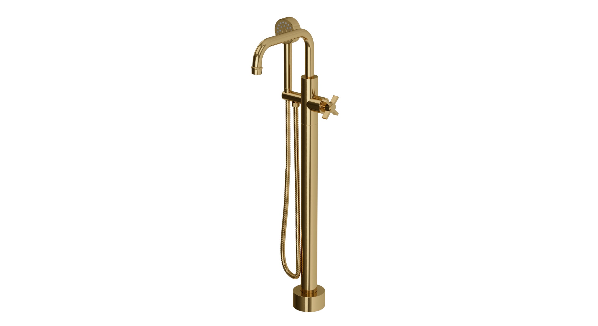 Emerson One Handle Floor Mount Squaretop Bath Trim with Hand Shower and Defined Cross Handle in Uncoated Polished Brass