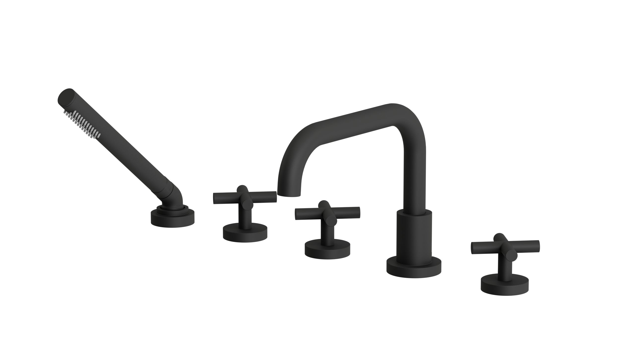 Contour Three Handle Deck Mount Squaretop Bath Trim with Hand Shower and Soft Cross Handles in Matte Black