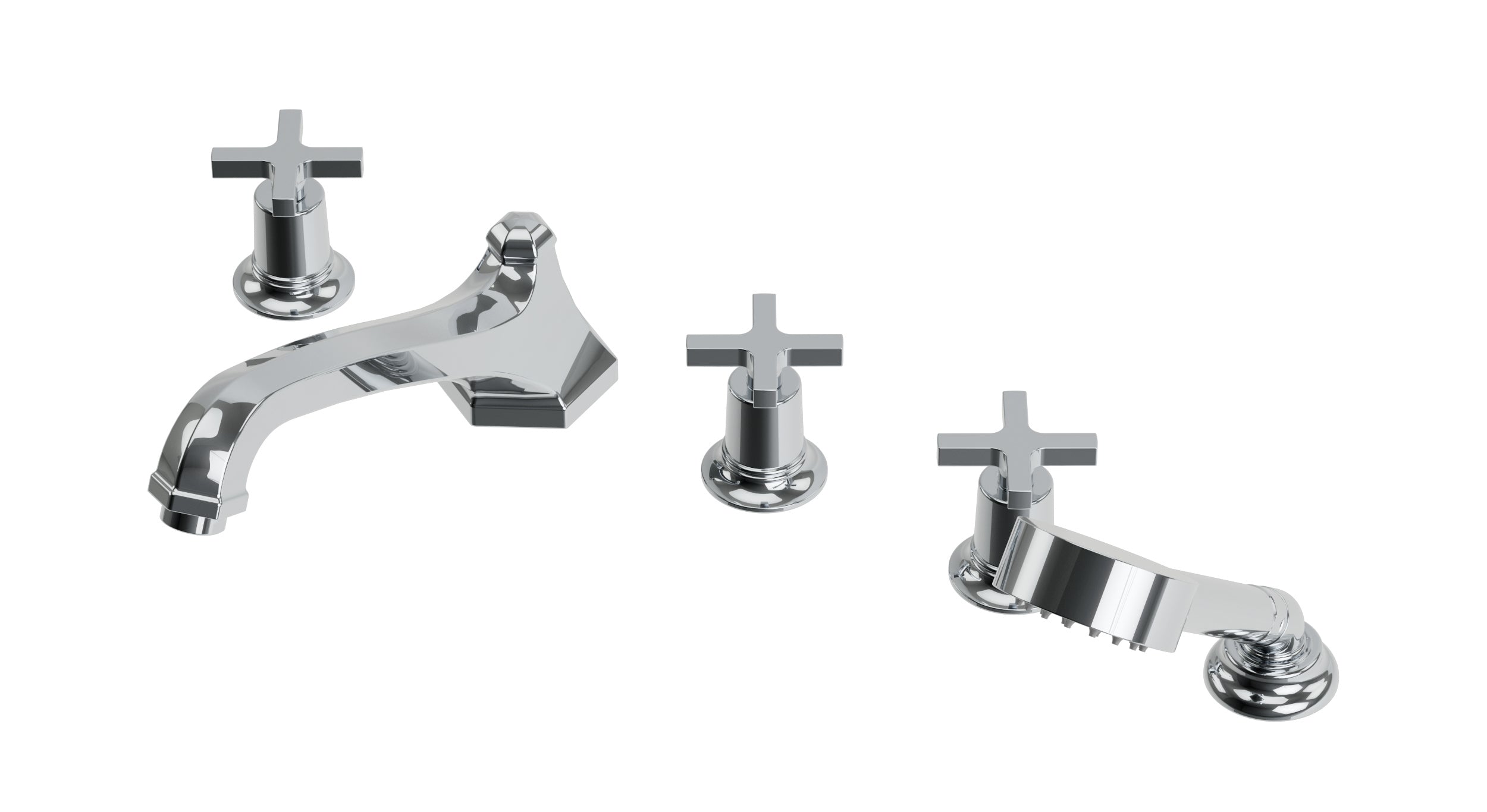 Emerson Three Handle Deck Mount Low Hexagon Bath Trim with Hand Shower and Classic Cross Handles