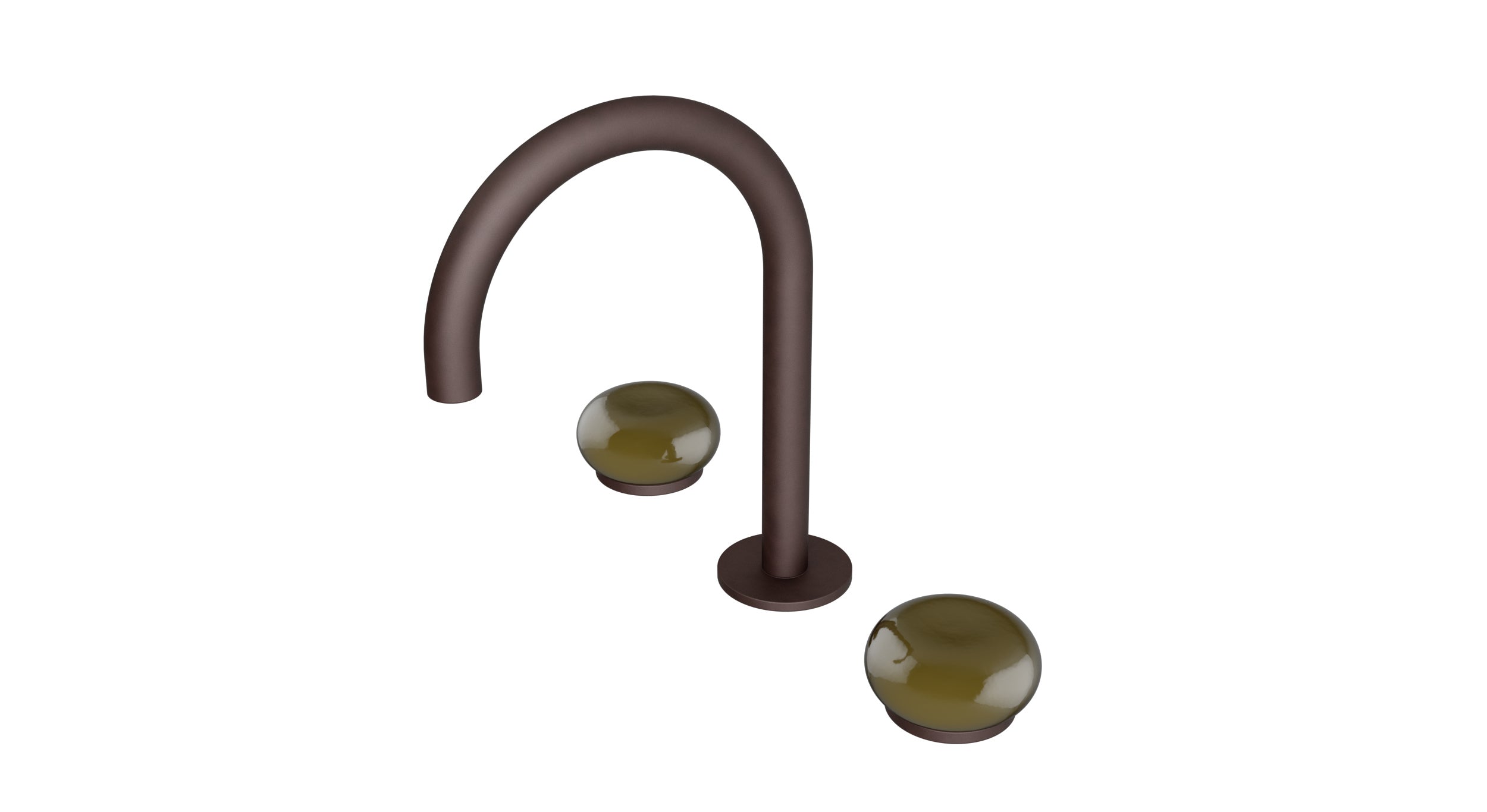 Foundry Two Handle Deck Mount Gooseneck Lavatory Faucet with Pebble Ceramic Knob Handles in Architectural Copper