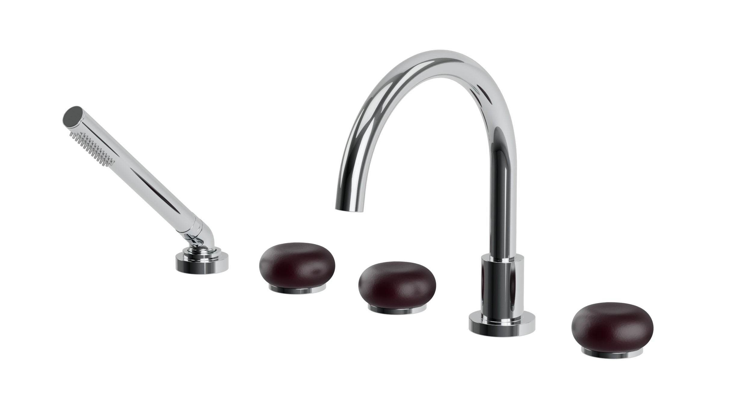 Foundry Three Handle Deck Mount Gooseneck Bath Trim with Hand Shower and Pebble Ceramic Knob Handles in Polished Chrome