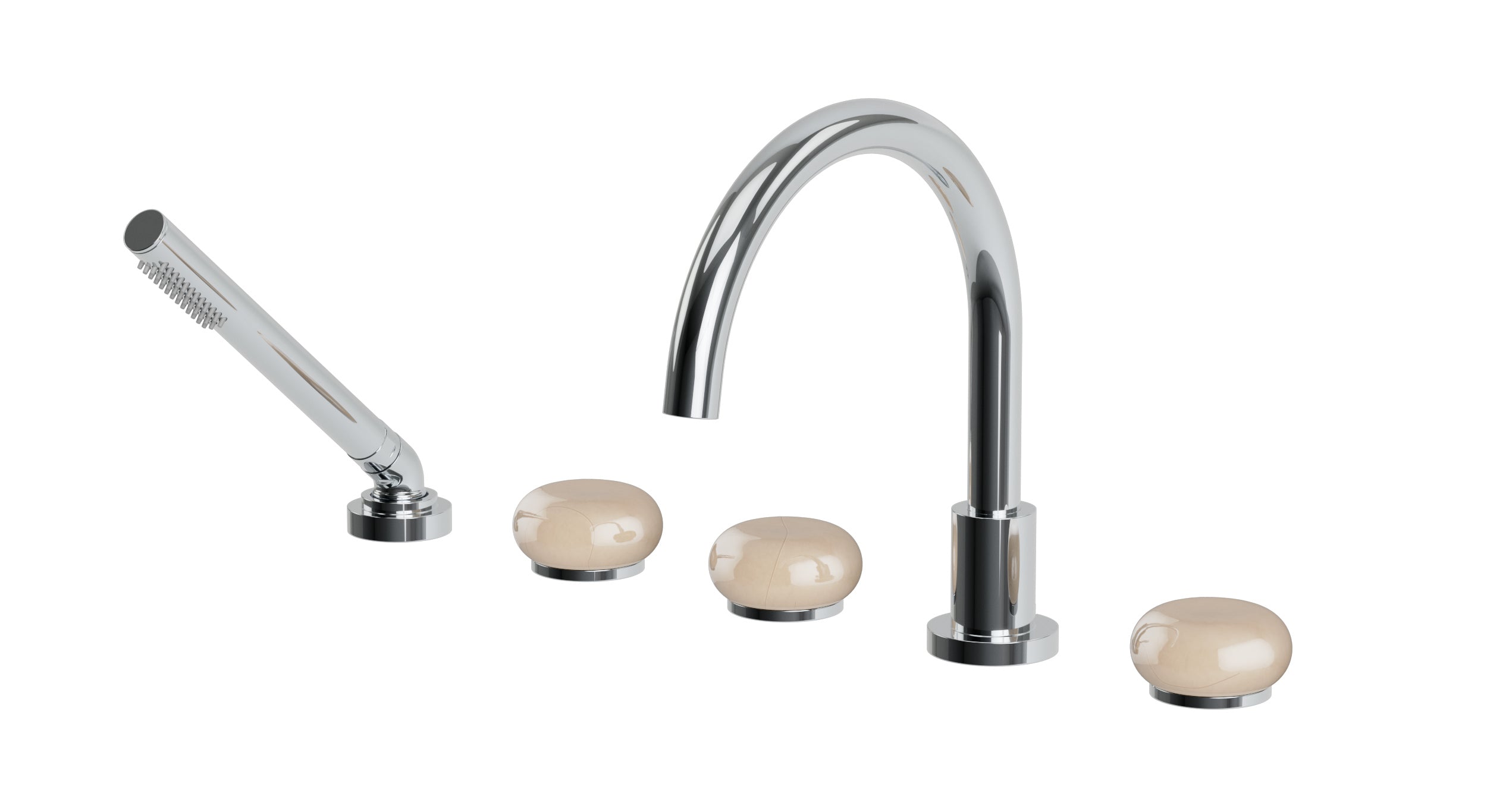 Foundry Three Handle Deck Mount Gooseneck Bath Trim with Hand Shower and Pebble Ceramic Knob Handles in Polished Chrome
