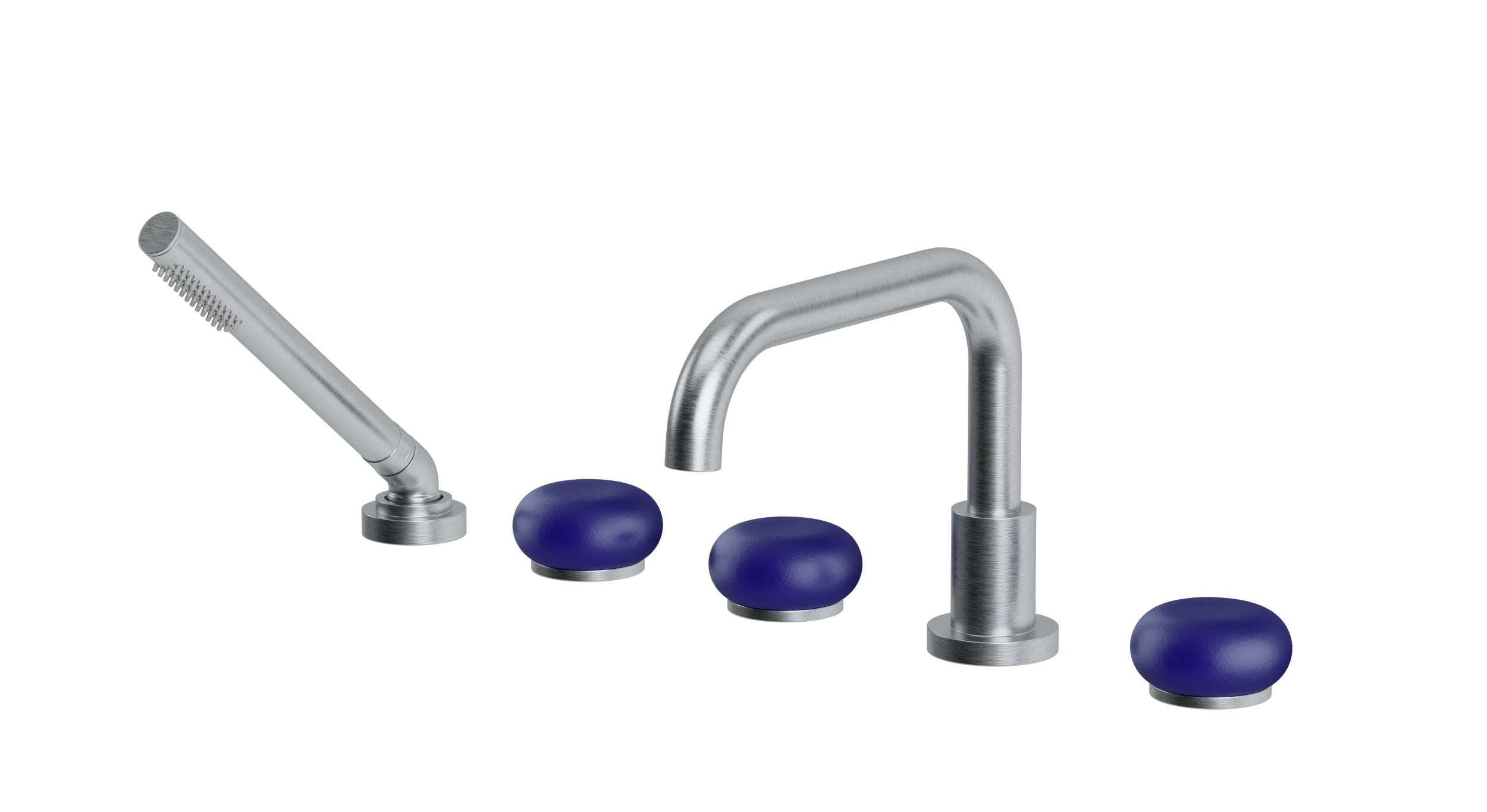 Foundry Three Handle Deck Mount Squaretop Bath Trim with Hand Shower and Pebble Ceramic Knob Handles in Satin Chrome