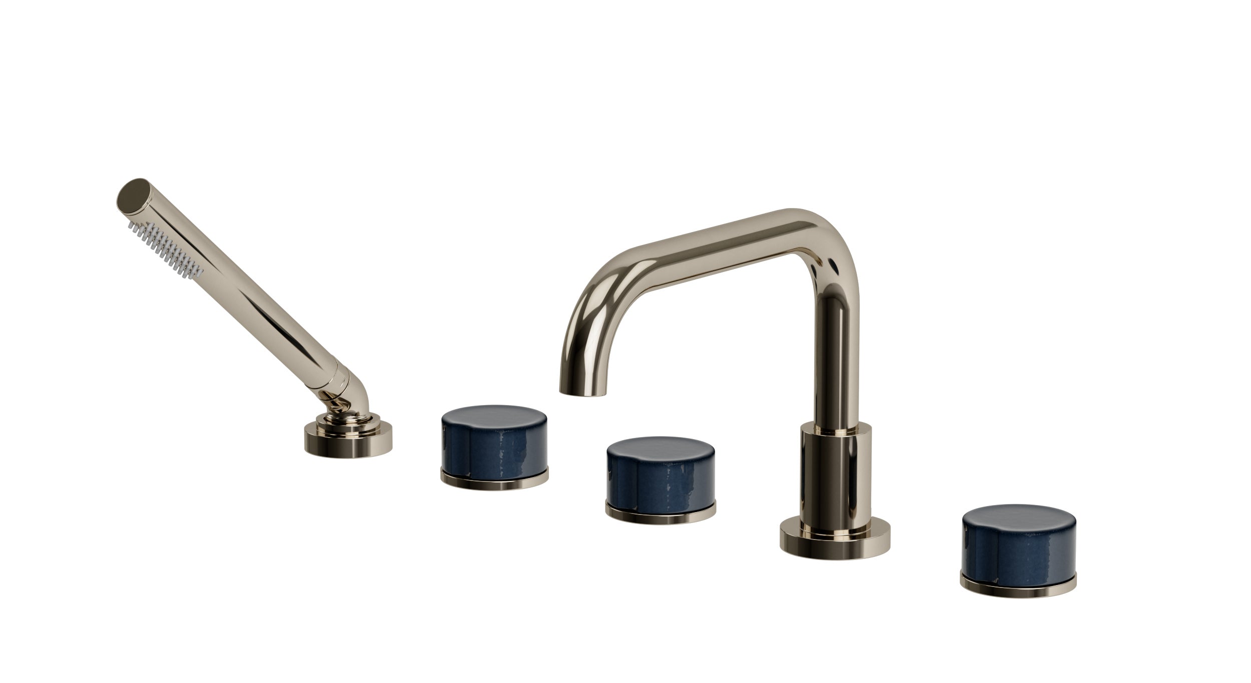 Foundry Three Handle Deck Mount Squaretop Bath Trim with Hand Shower and Groove Ceramic Knob Handles in Polished Nickel