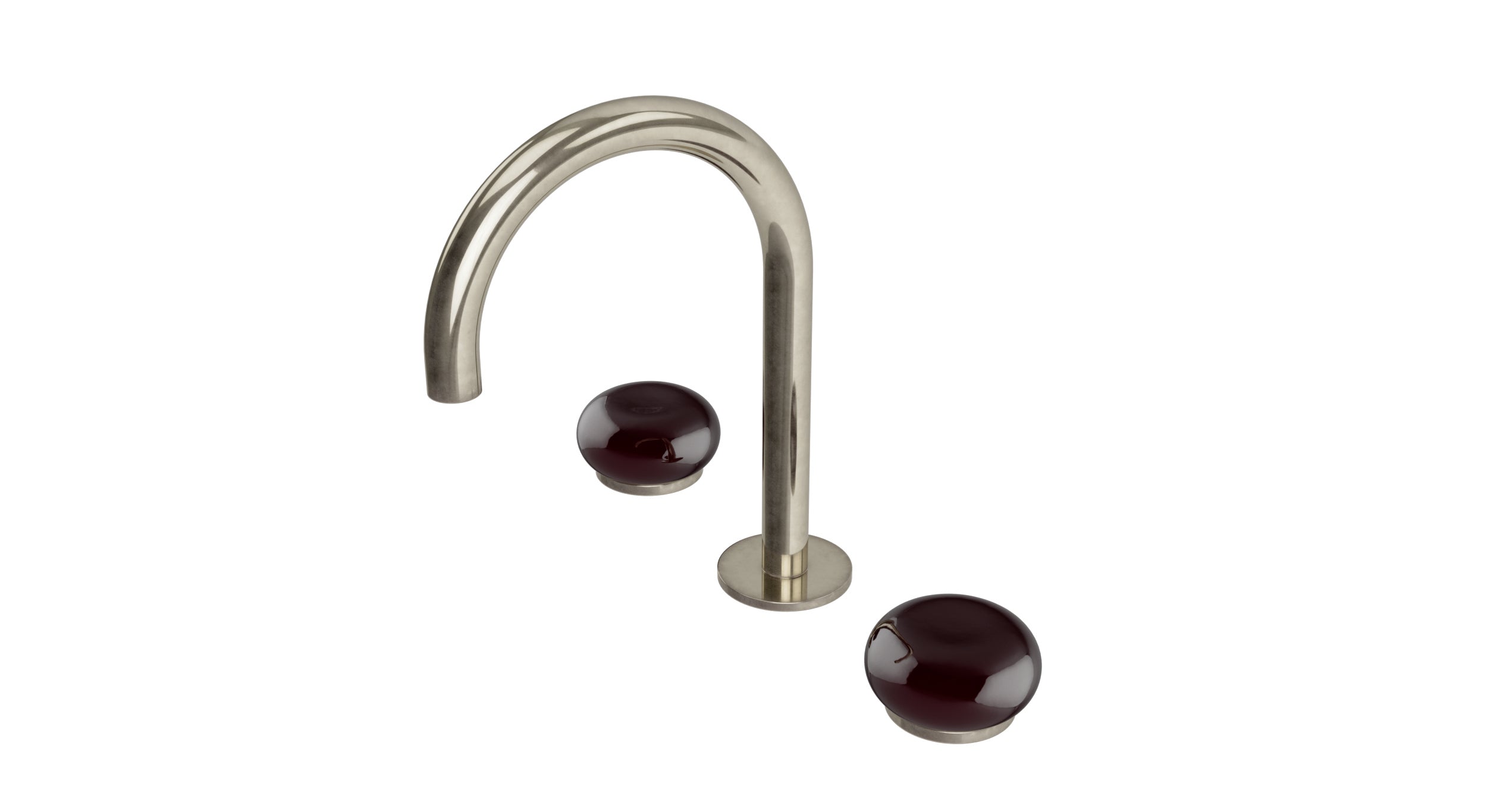 Foundry Two Handle Deck Mount Gooseneck Lavatory Faucet with Pebble Ceramic Knob Handles in French Nickel