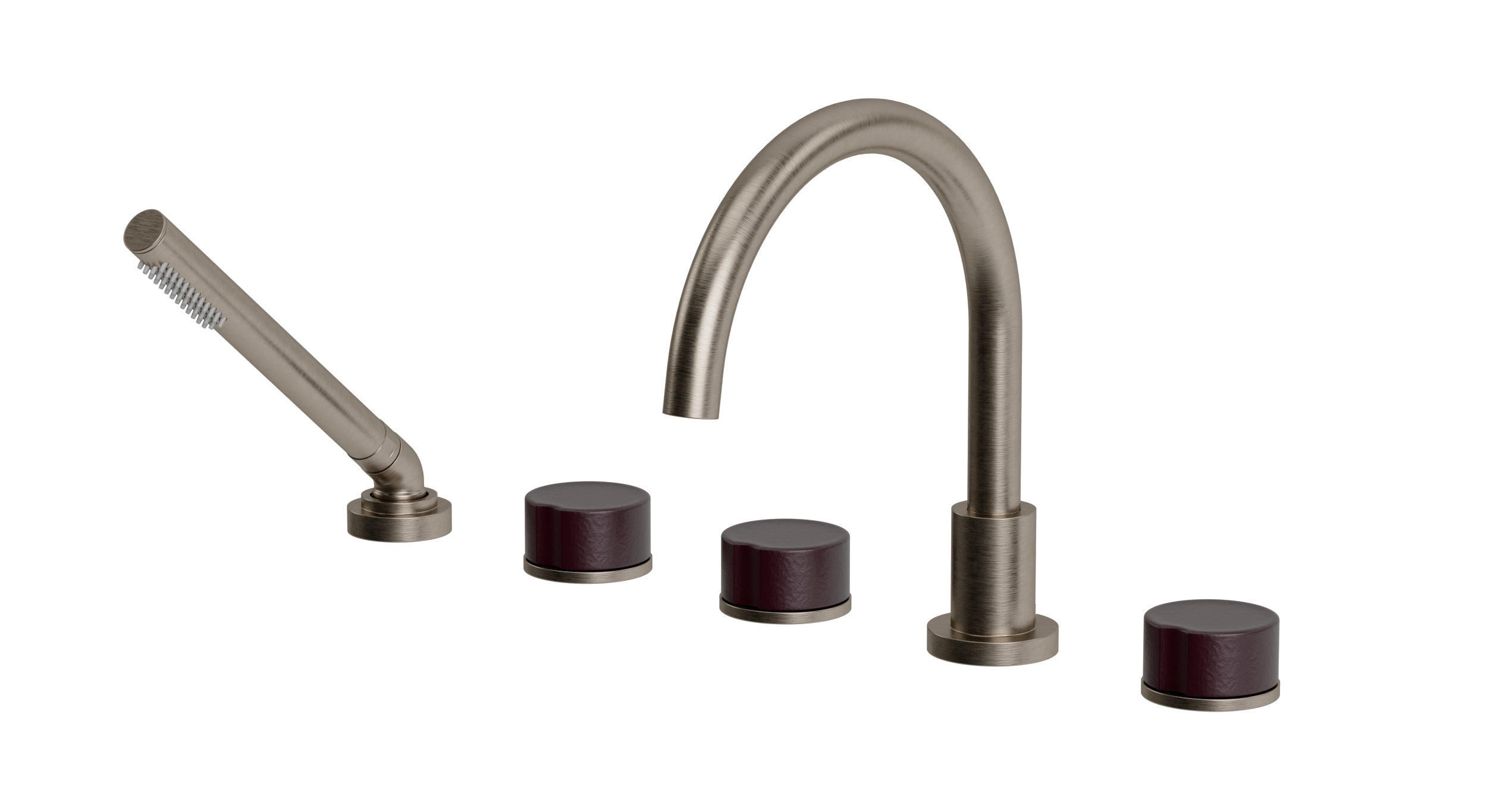 Foundry Three Handle Deck Mount Gooseneck Bath Trim with Hand Shower and Groove Ceramic Knob Handles in Antique Nickel