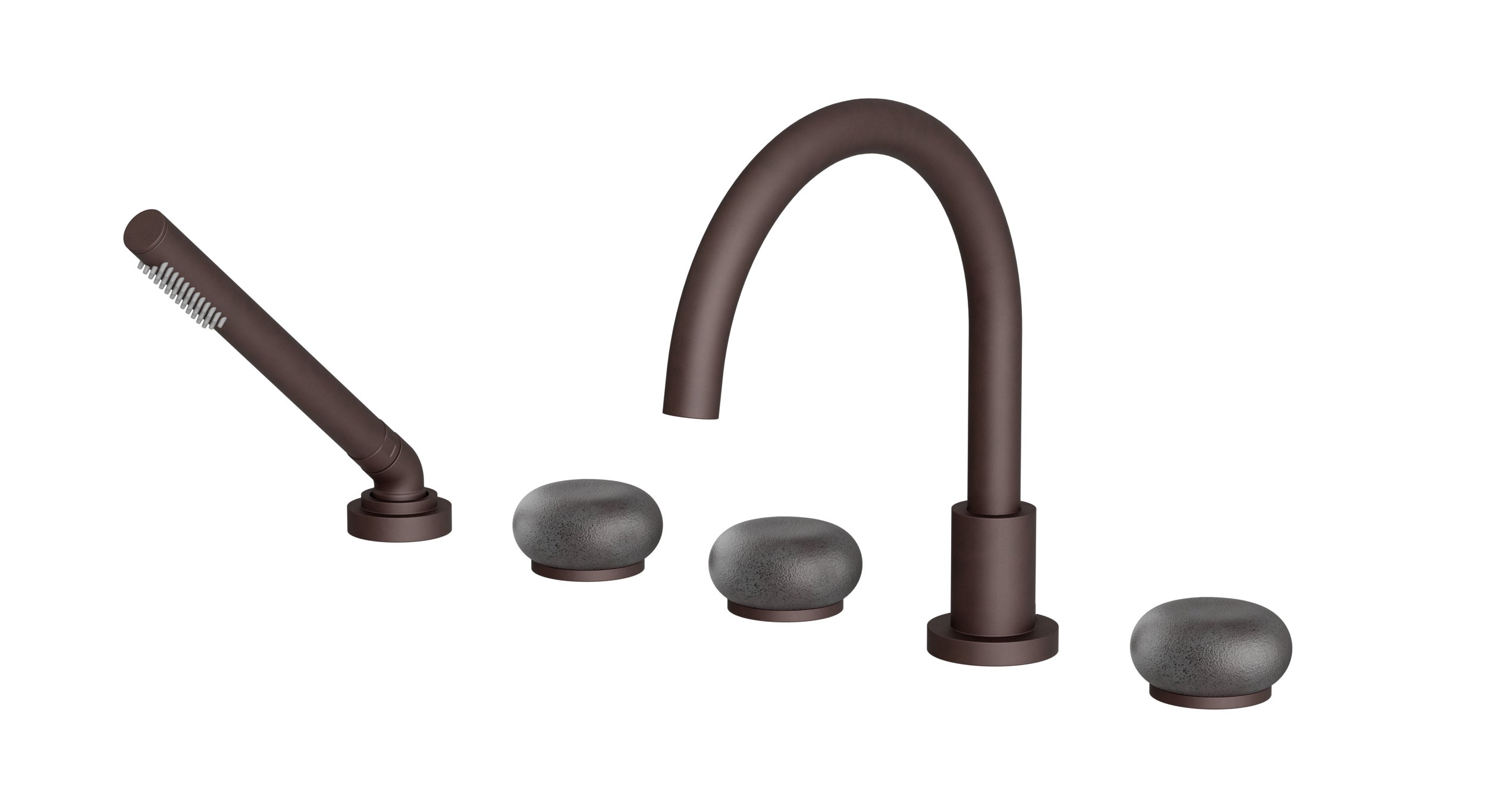 Foundry Three Handle Deck Mount Gooseneck Bath Trim with Hand Shower and Pebble Ceramic Knob Handles in Architectural Copper