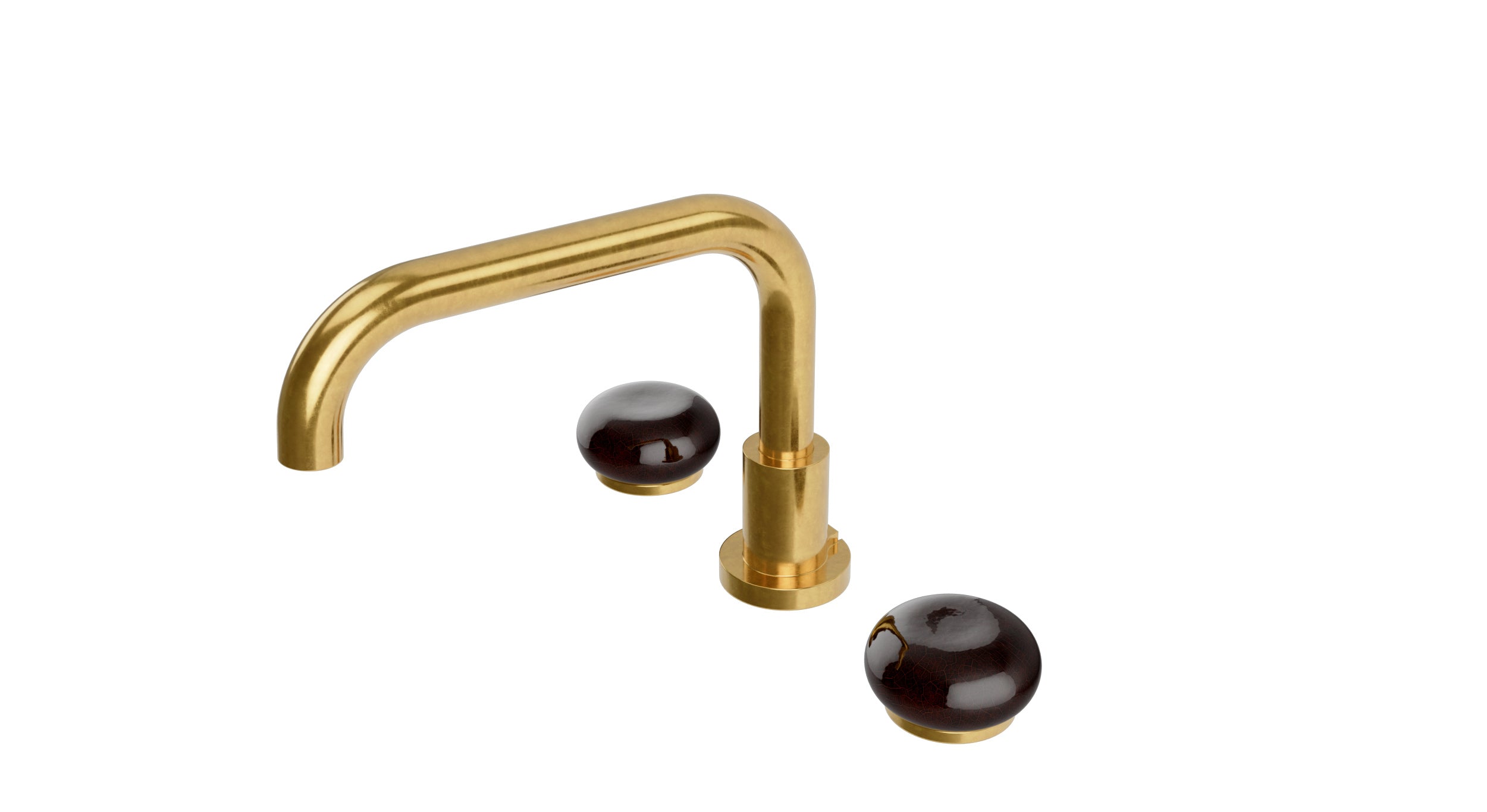 Foundry Two Handle Deck Mount Squaretop Bath Trim with Pebble Ceramic Knob Handles in French Brass