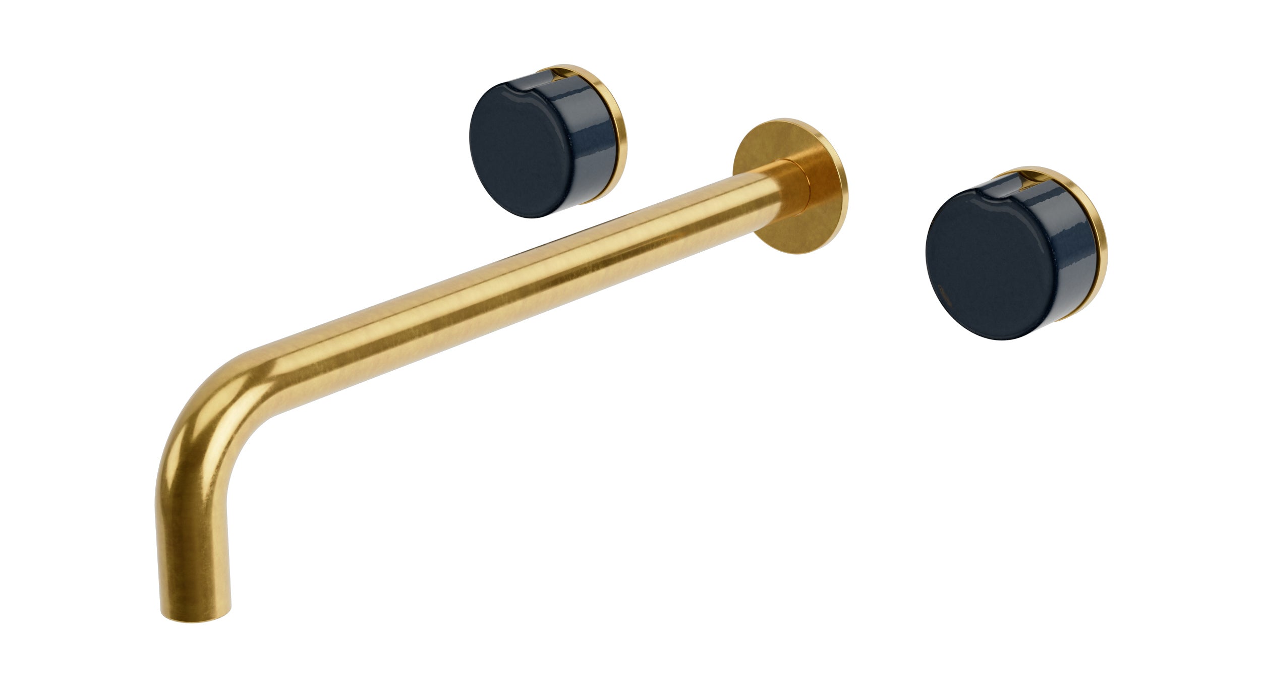 Foundry Two Handle Wall Mount 12" Lavatory Faucet with Groove Ceramic Knob Handles in French Brass