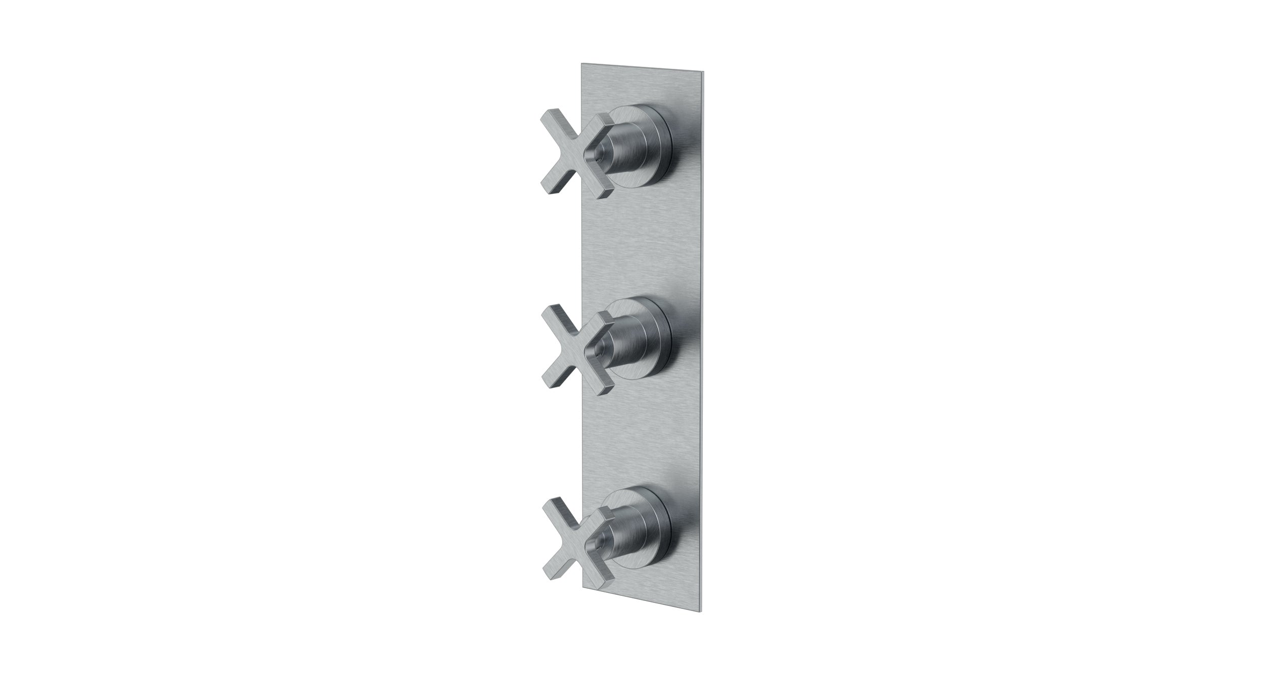 Flatiron Three Handle Wall Mount Shower Trim with Linear Cross Handles in Satin Chrome