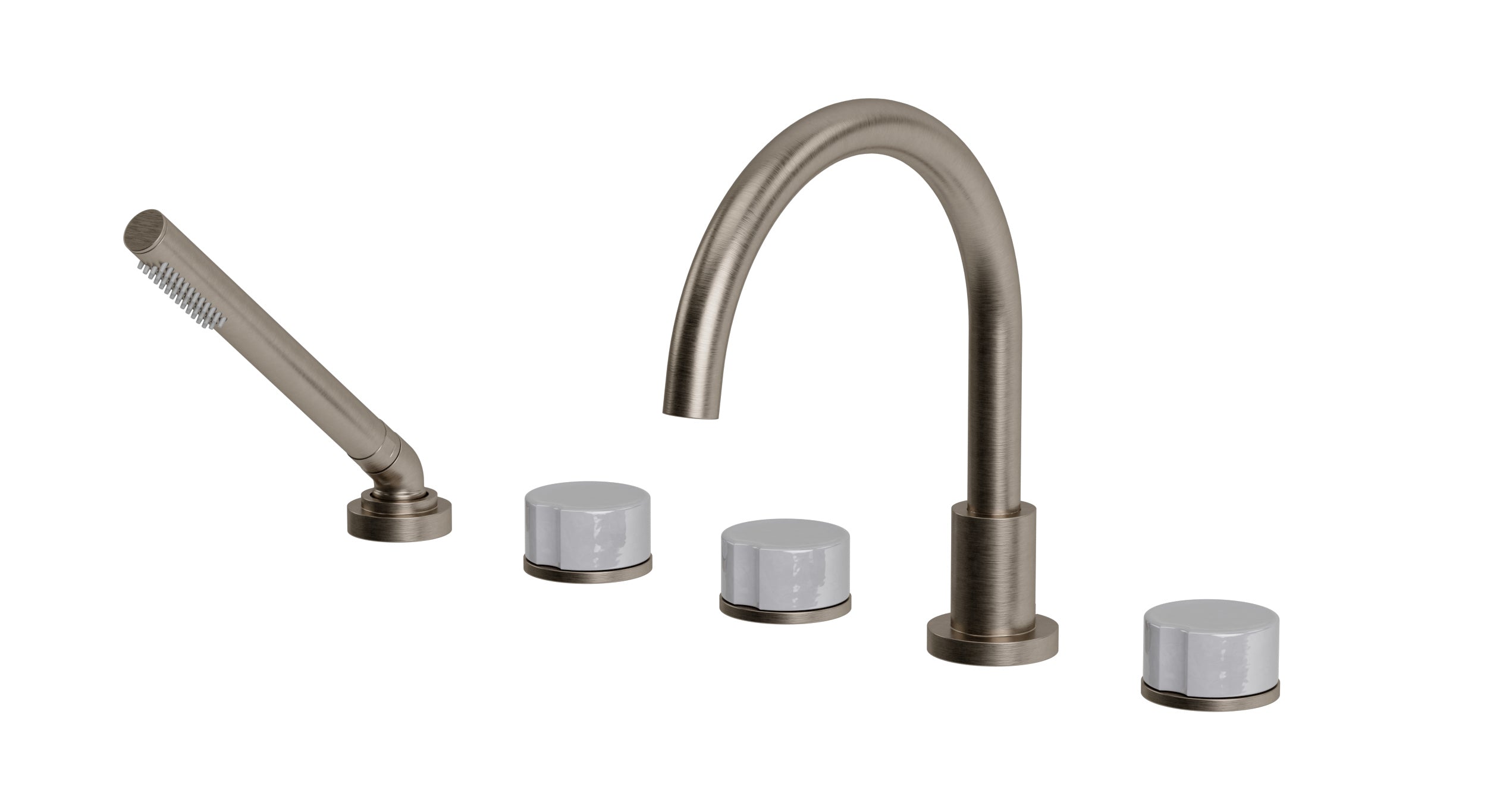 Foundry Three Handle Deck Mount Gooseneck Bath Trim with Hand Shower and Groove Ceramic Knob Handles in Antique Nickel