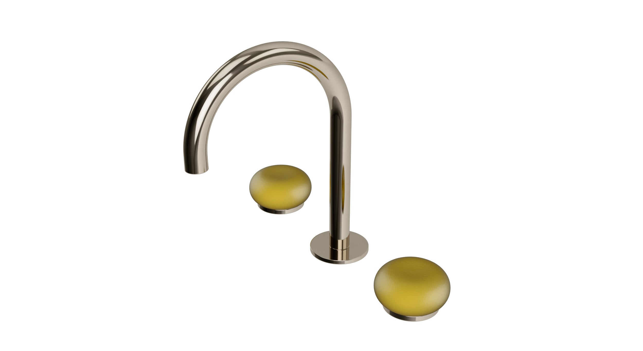 Foundry Two Handle Deck Mount Gooseneck Lavatory Faucet with Pebble Ceramic Knob Handles in Polished Nickel