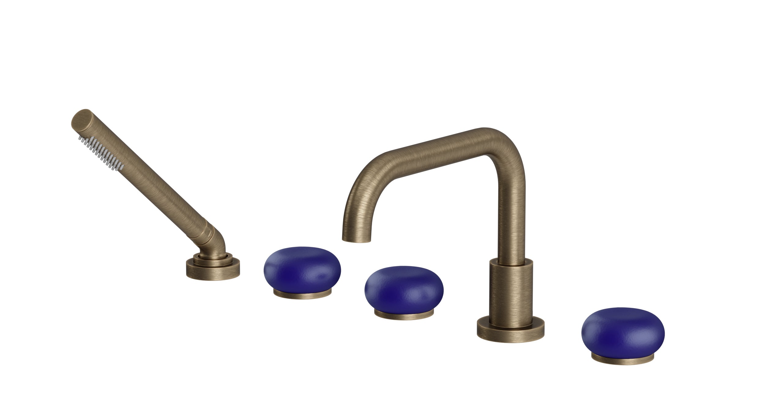 Foundry Three Handle Deck Mount Squaretop Bath Trim with Hand Shower and Pebble Ceramic Knob Handles in Antique Brass
