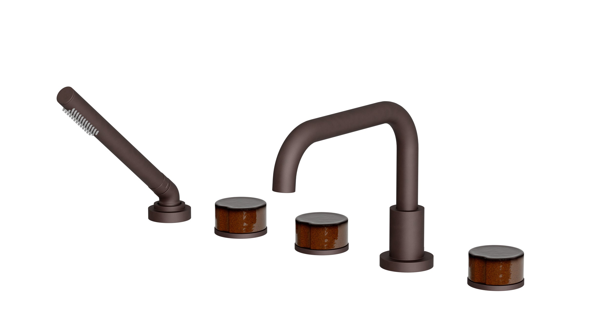 Foundry Three Handle Deck Mount Squaretop Bath Trim with Hand Shower and Groove Ceramic Knob Handles in Architectural Copper