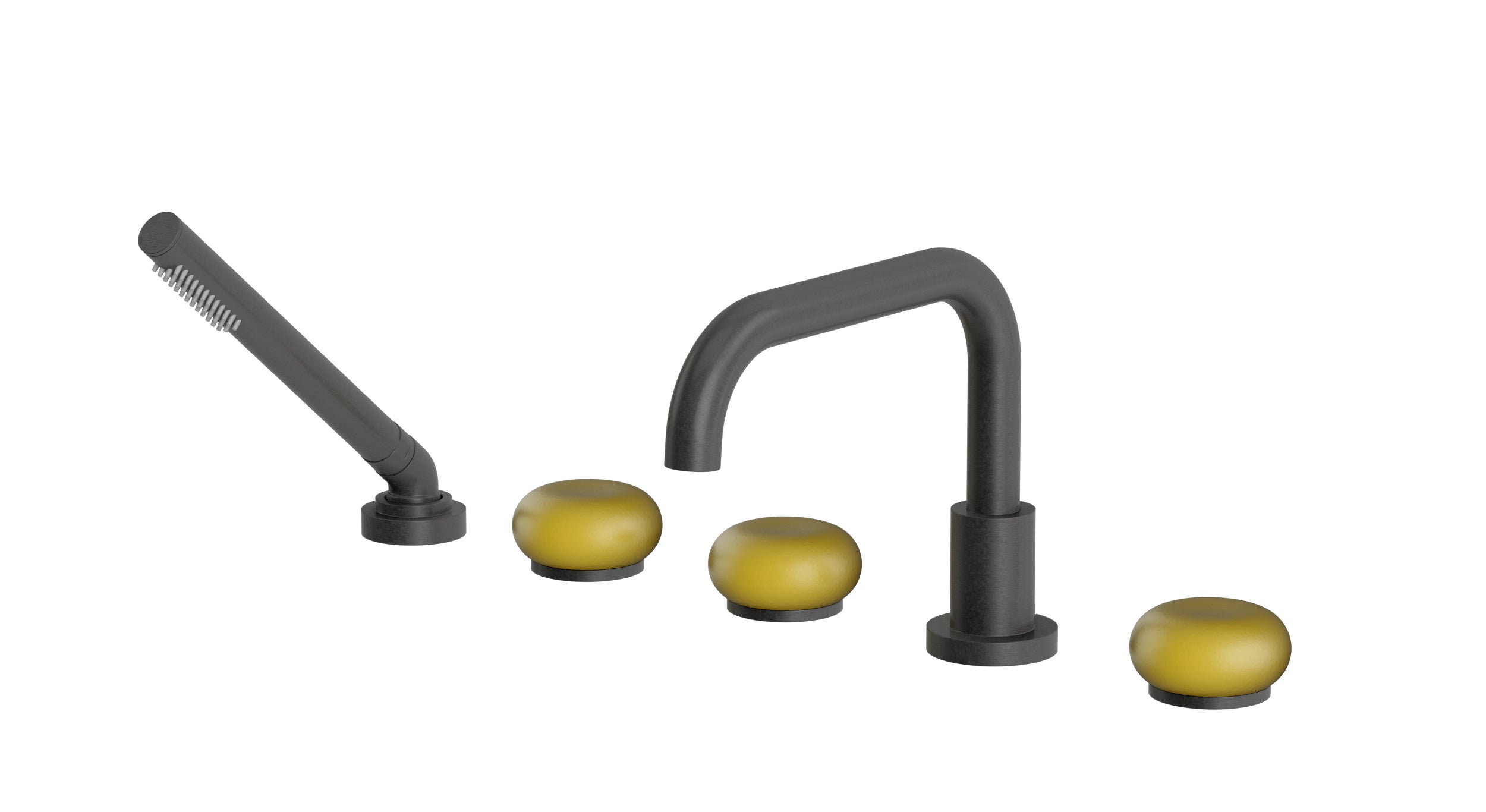 Foundry Three Handle Deck Mount Squaretop Bath Trim with Hand Shower and Pebble Ceramic Knob Handles in Blackened Nickel