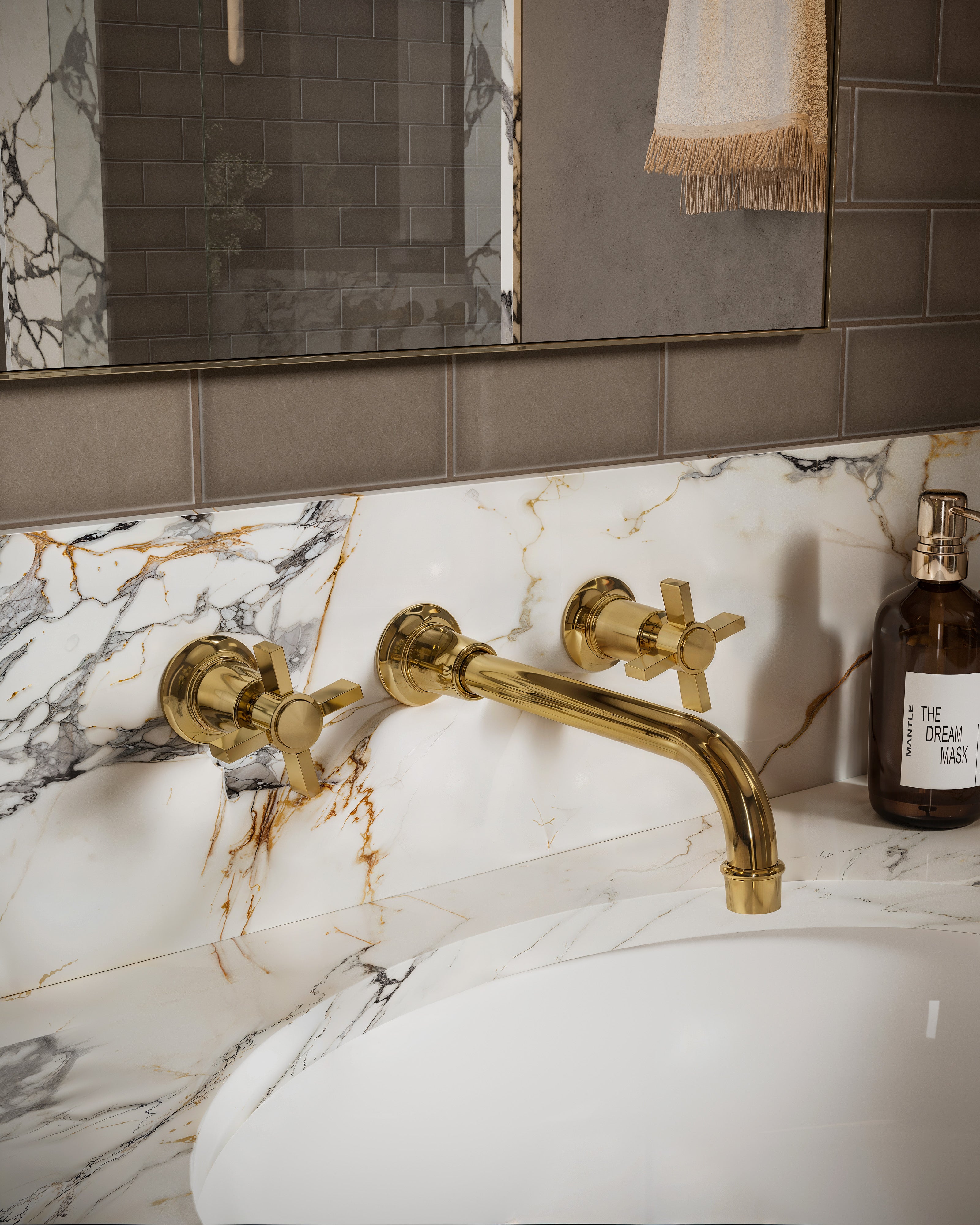 Emerson One Handle Wall Mount 10" Lavatory Faucet with Defined Cross Handle in Polished Brass