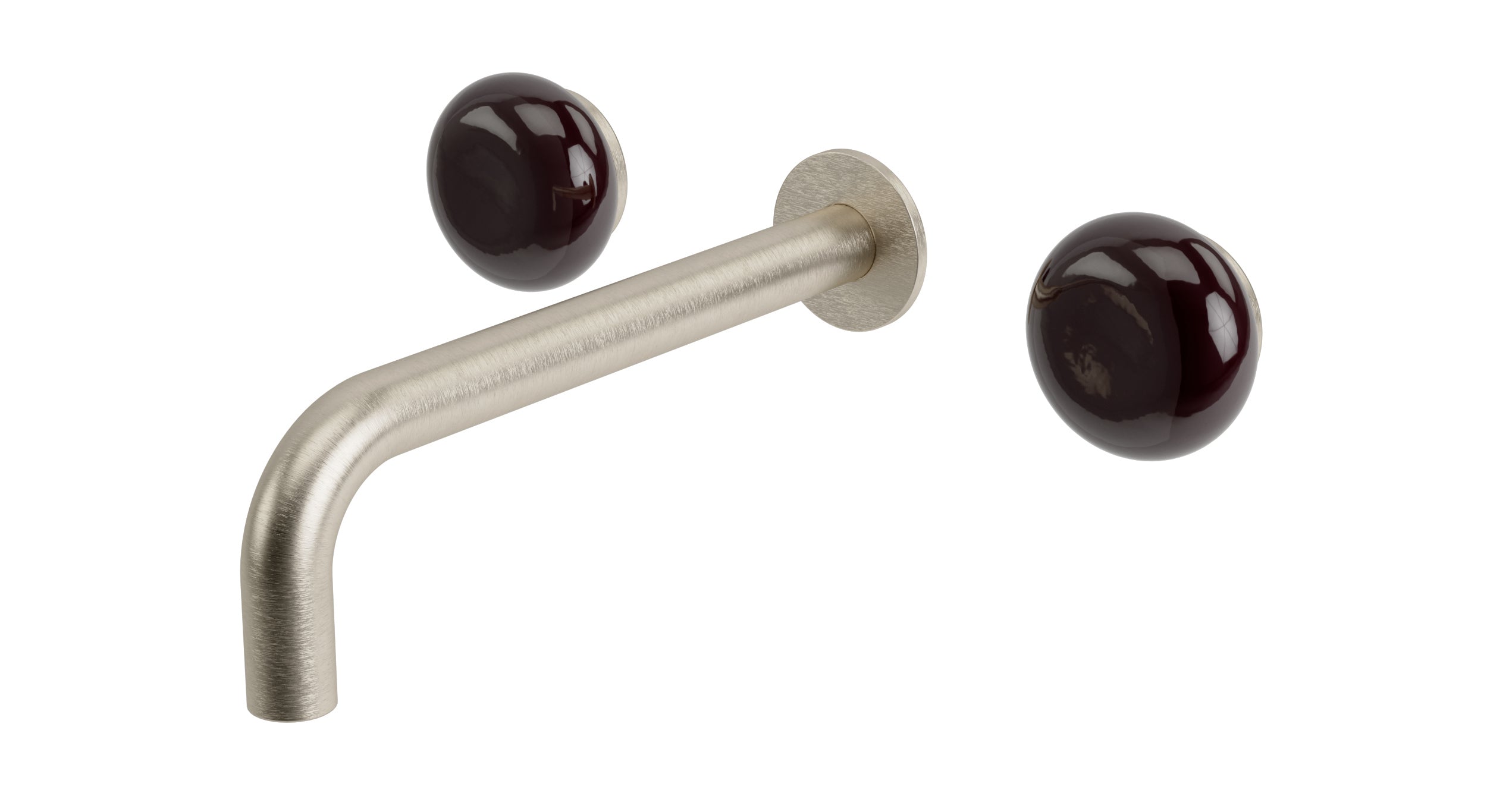 Foundry Two Handle Wall Mount 7.5" Lavatory Faucet with Pebble Ceramic Knob Handles in Satin Nickel