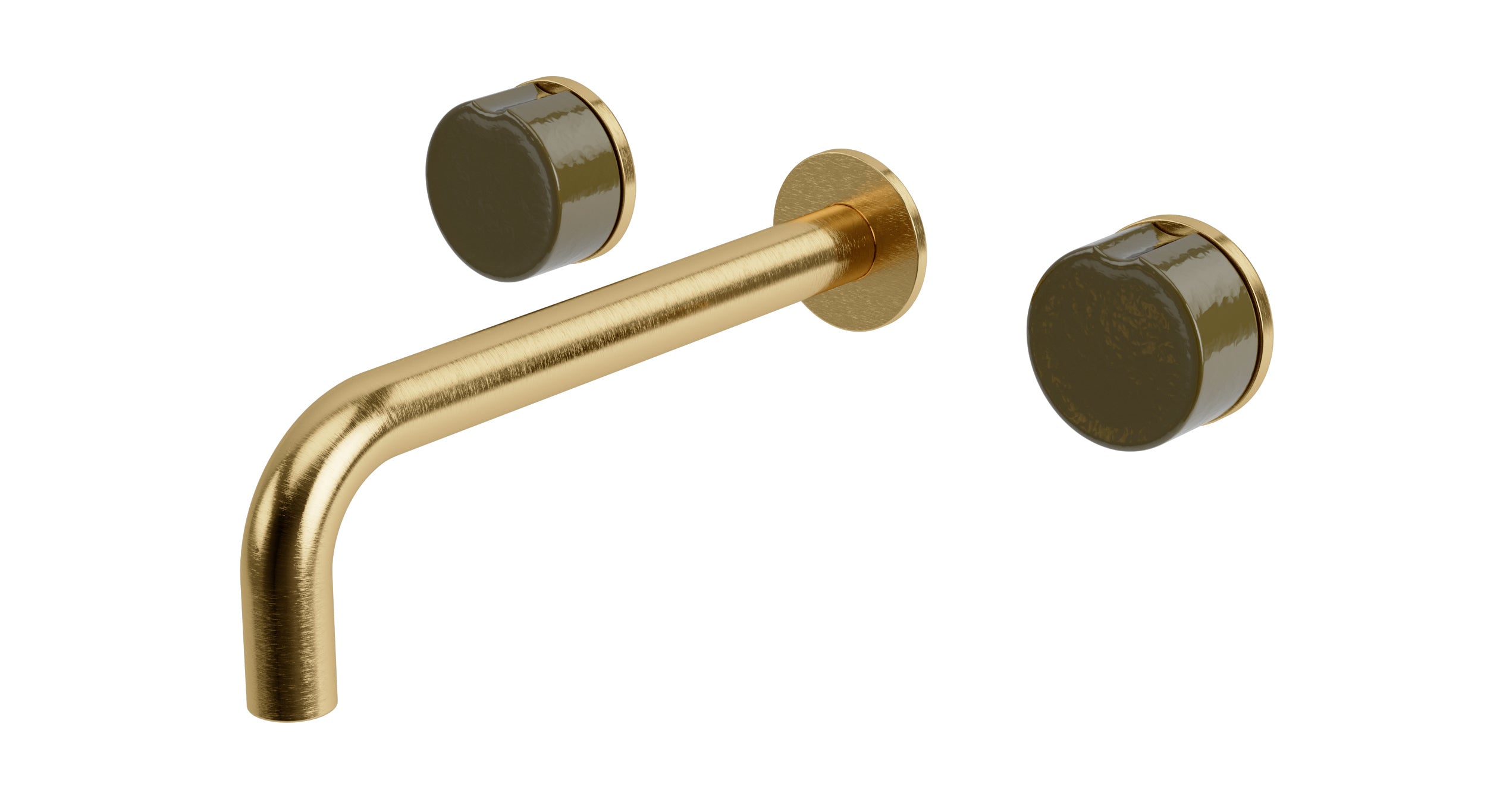 Foundry Two Handle Wall Mount 7.5" Lavatory Faucet with Groove Ceramic Knob Handles in Satin Brass
