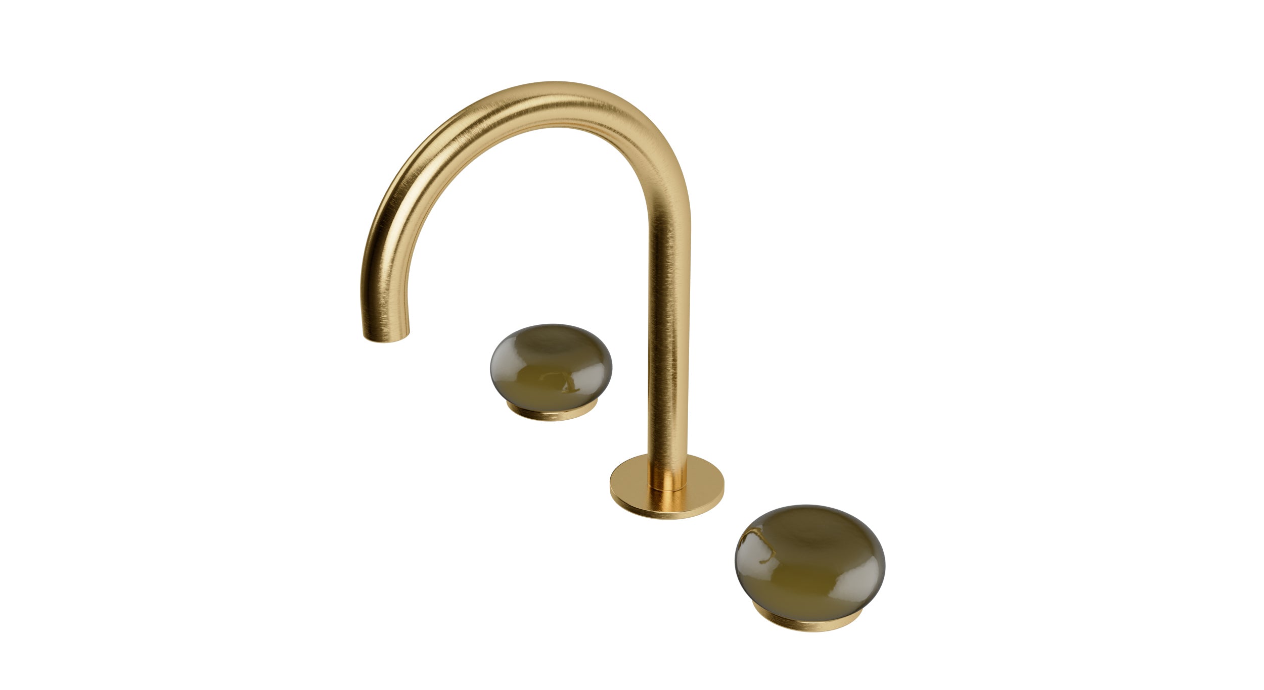 Foundry Two Handle Deck Mount Gooseneck Lavatory Faucet with Pebble Ceramic Knob Handles in Satin Brass