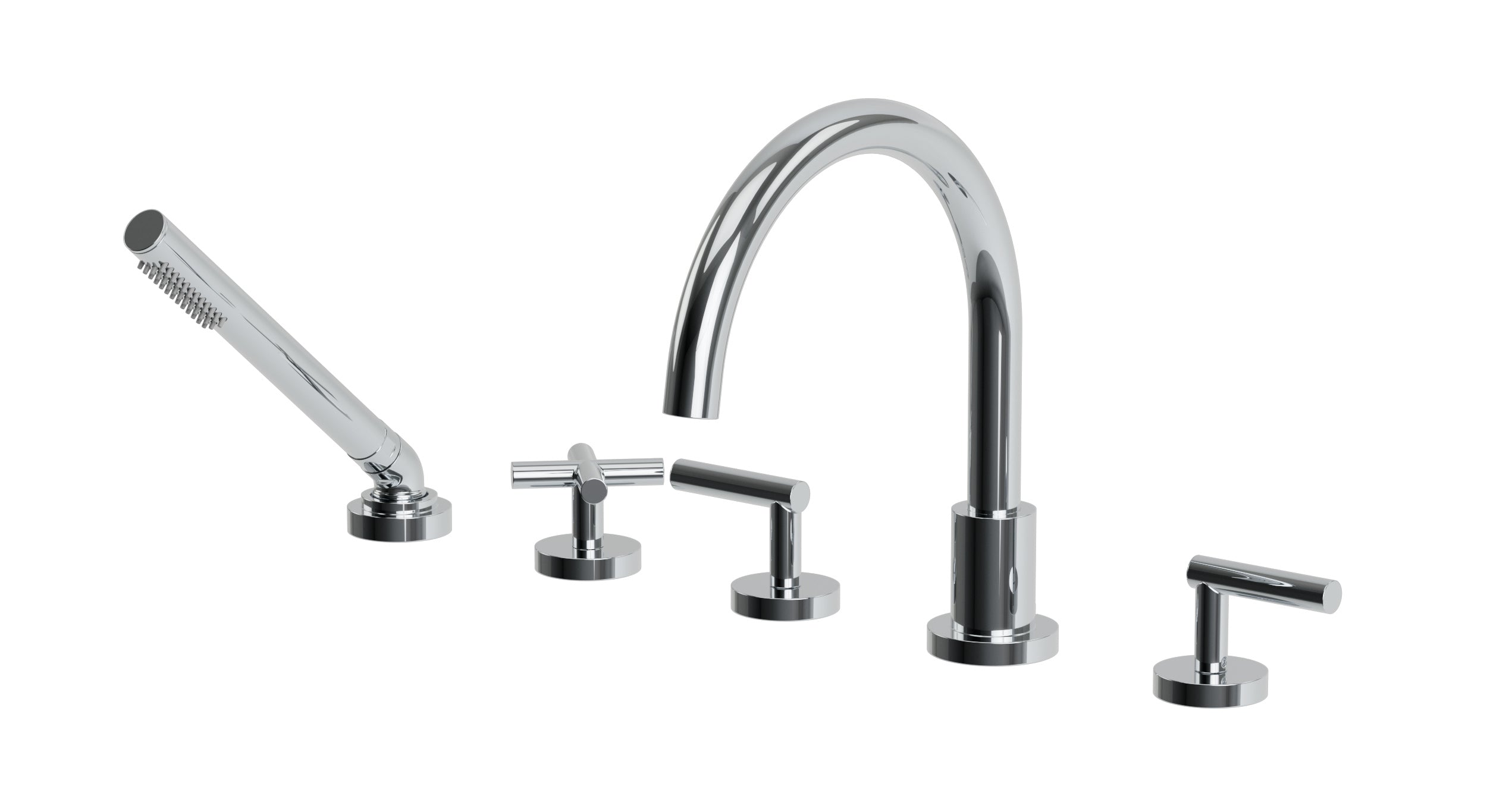 Contour Three Handle Deck Mount Gooseneck Bath Trim with Hand Shower and Soft Cross/Soft Lever Handles