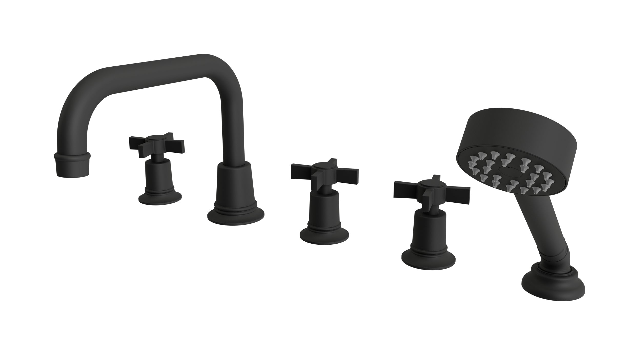 Emerson Three Handle Deck Mount Squaretop Bath Trim with Hand Shower and Defined Cross Handles in Matte Black