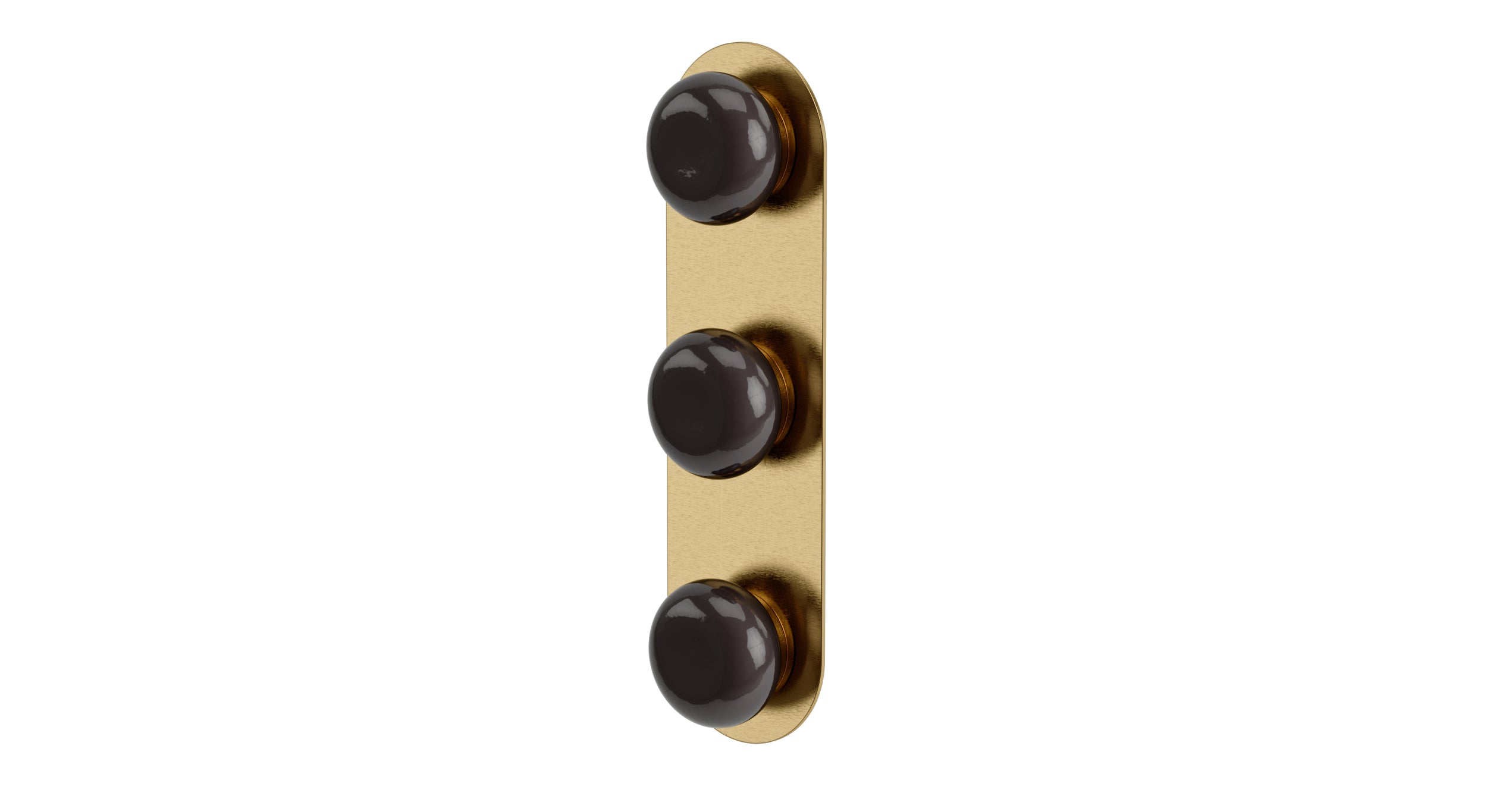Foundry Three Handle Wall Mount Shower Trim with Pebble Ceramic Knob Handles in Satin Brass