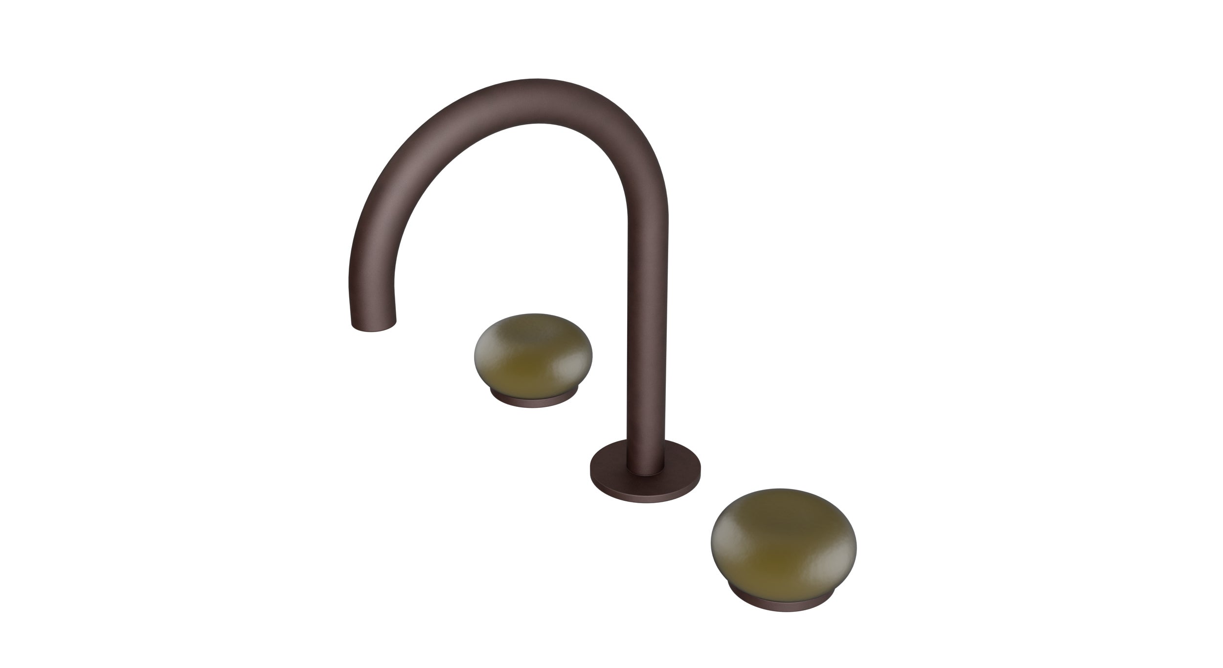 Foundry Two Handle Deck Mount Gooseneck Lavatory Faucet with Pebble Ceramic Knob Handles in Architectural Copper