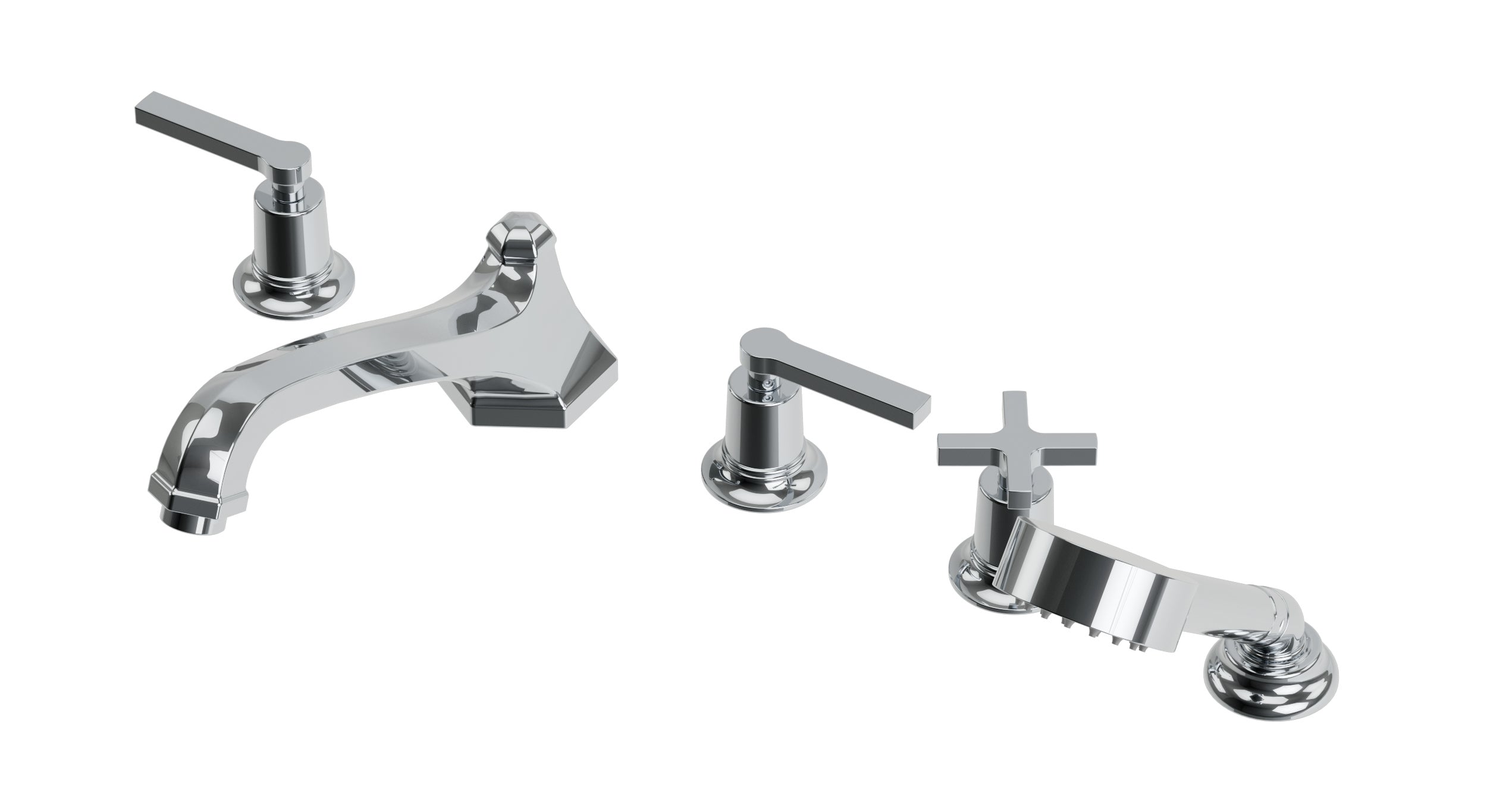 Emerson Three Handle Deck Mount Low Hexagon Bath Trim with Hand Shower and Classic Cross/Classic Lever Handles