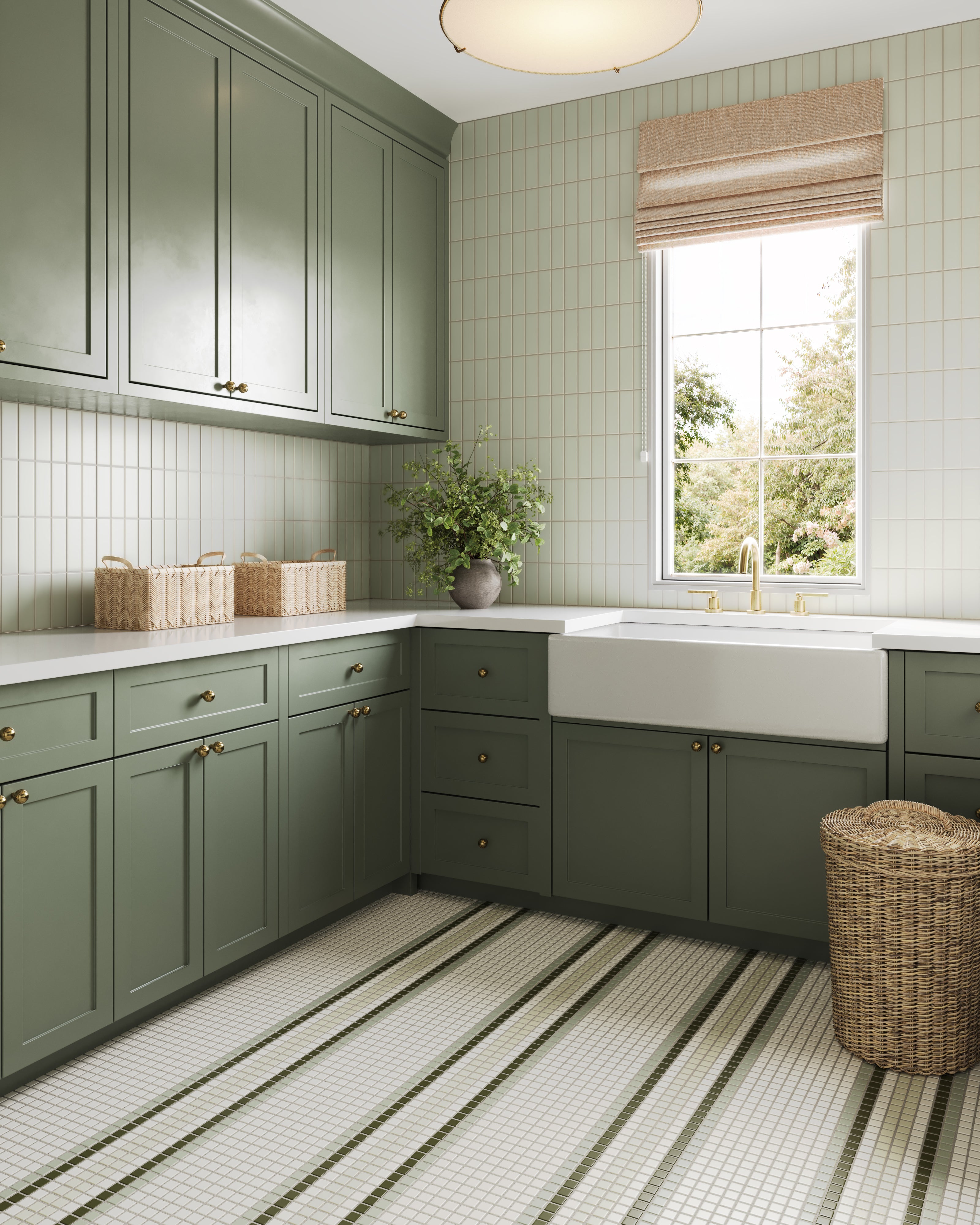 1x1 Tailored Stripe Border Sheeted Original Ceramic Tile in Celadon Matte