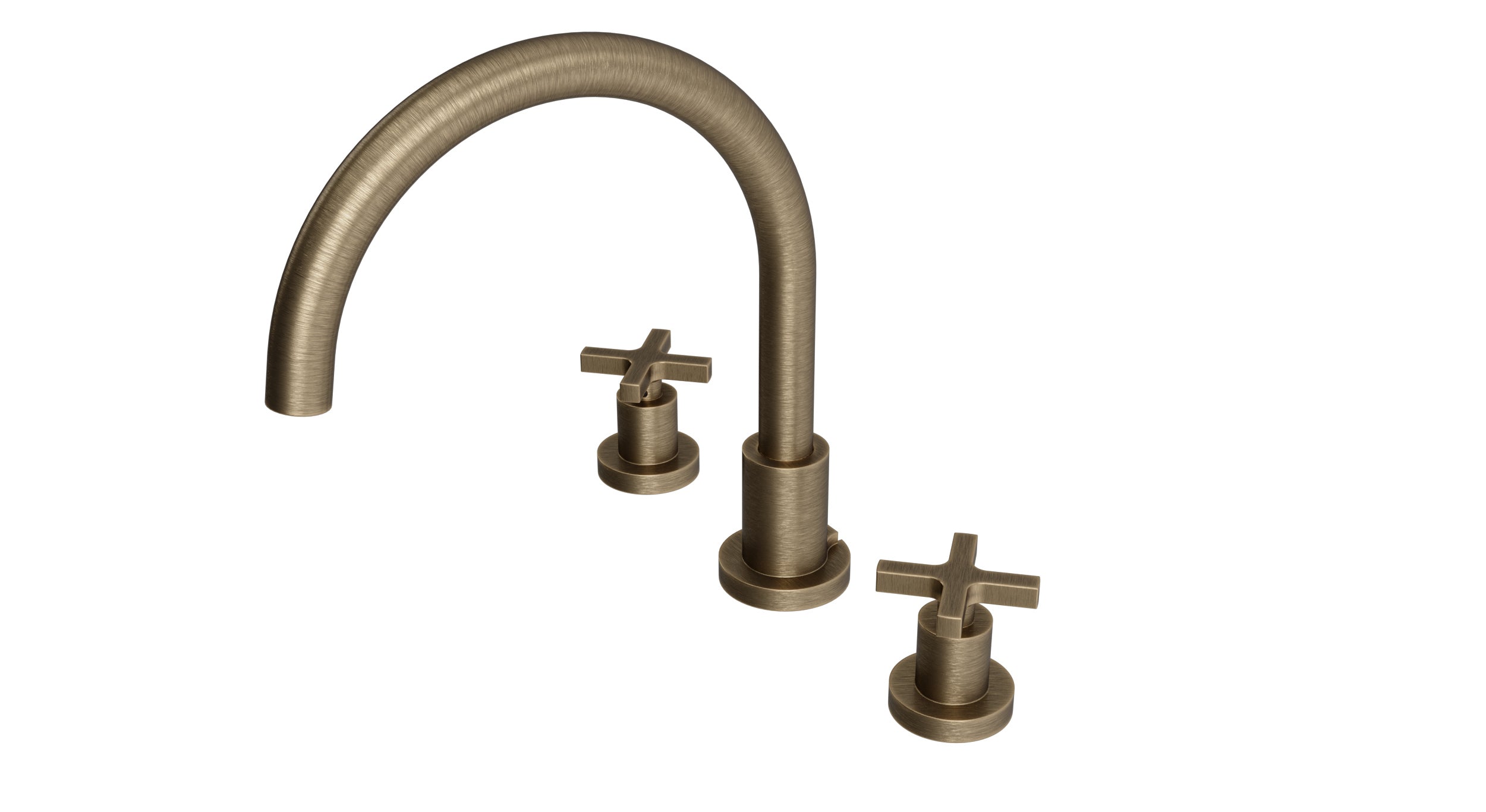 Flatiron Two Handle Deck Mount Gooseneck Bath Trim with Linear Cross Handles in Antique Brass