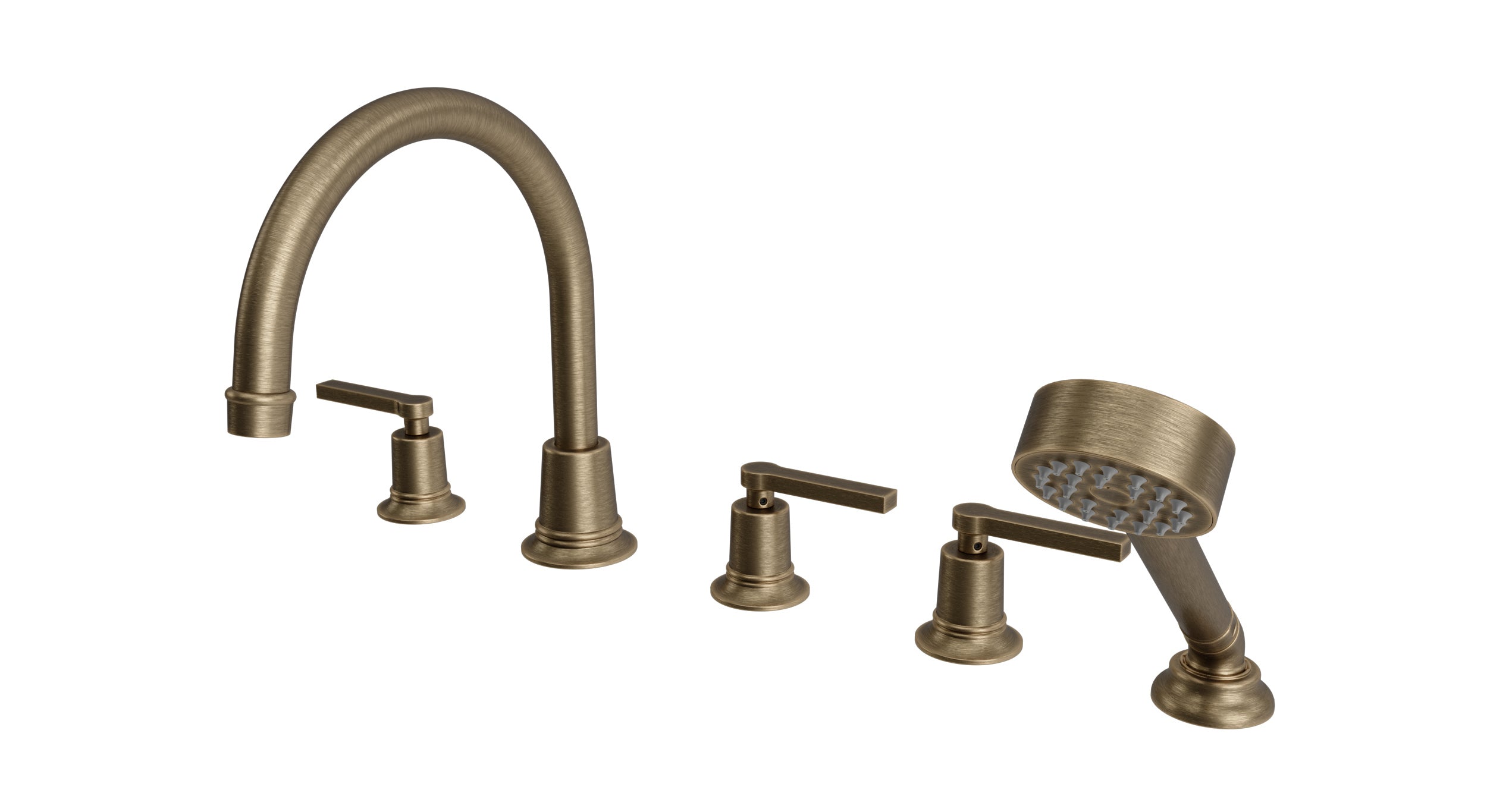 Emerson Three Handle Deck Mount Gooseneck Bath Trim with Hand Shower and Classic Lever Handles in Antique Brass