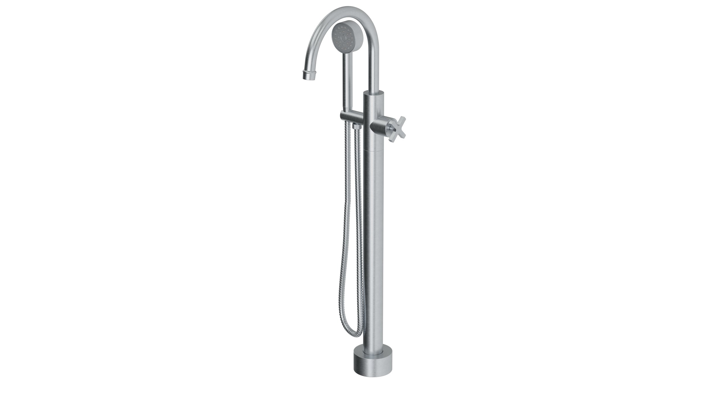 Emerson One Handle Floor Mount Gooseneck Bath Trim with Hand Shower and Classic Cross Handle in Satin Chrome