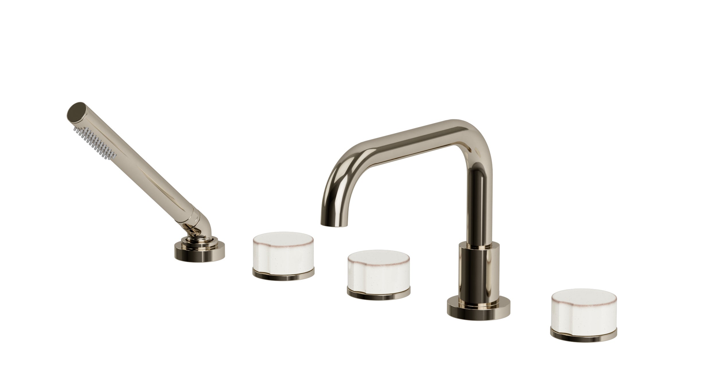Foundry Three Handle Deck Mount Squaretop Bath Trim with Hand Shower and Groove Ceramic Knob Handles in Polished Nickel