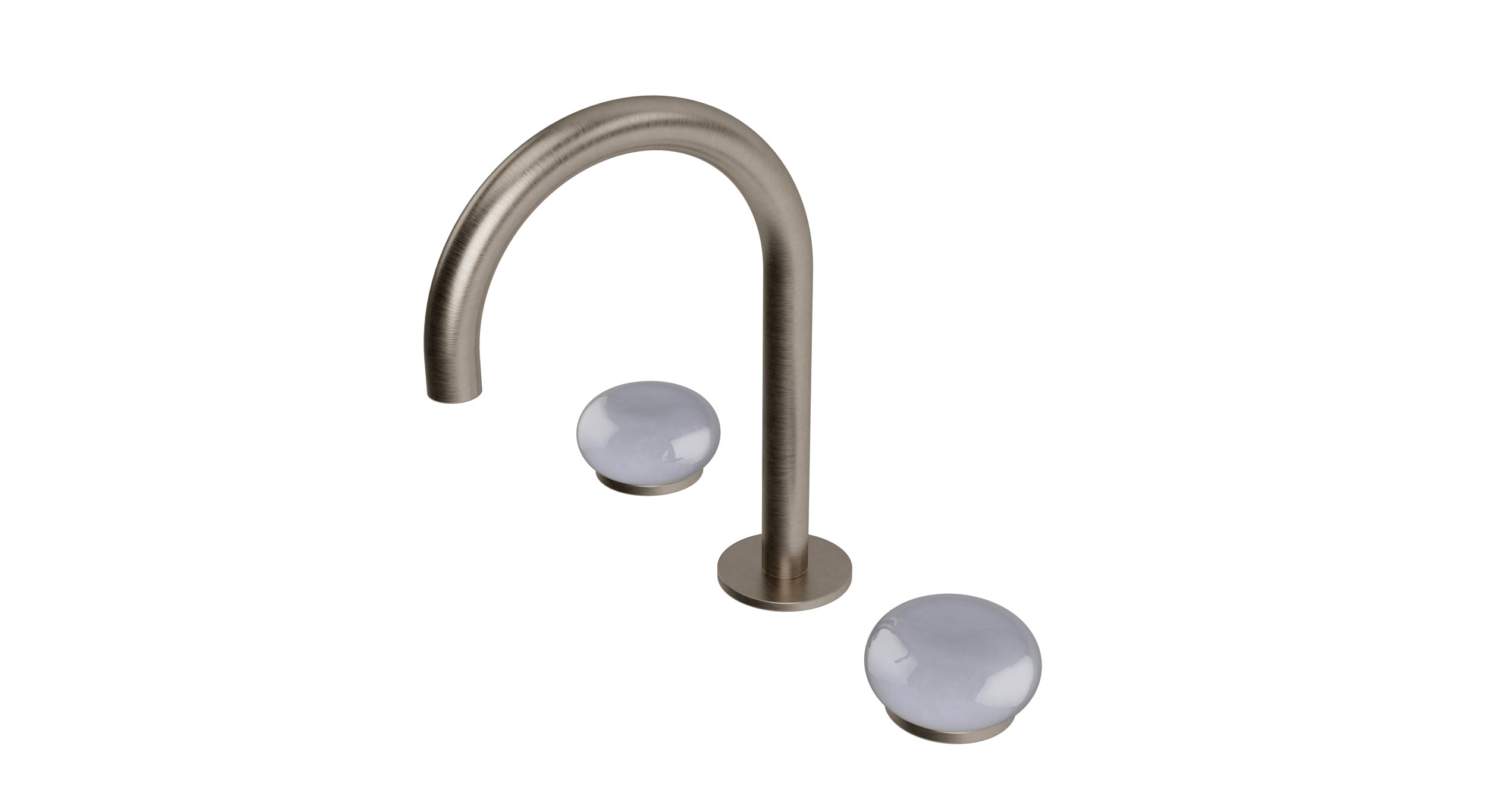 Foundry Two Handle Deck Mount Gooseneck Lavatory Faucet with Pebble Ceramic Knob Handles in Antique Nickel