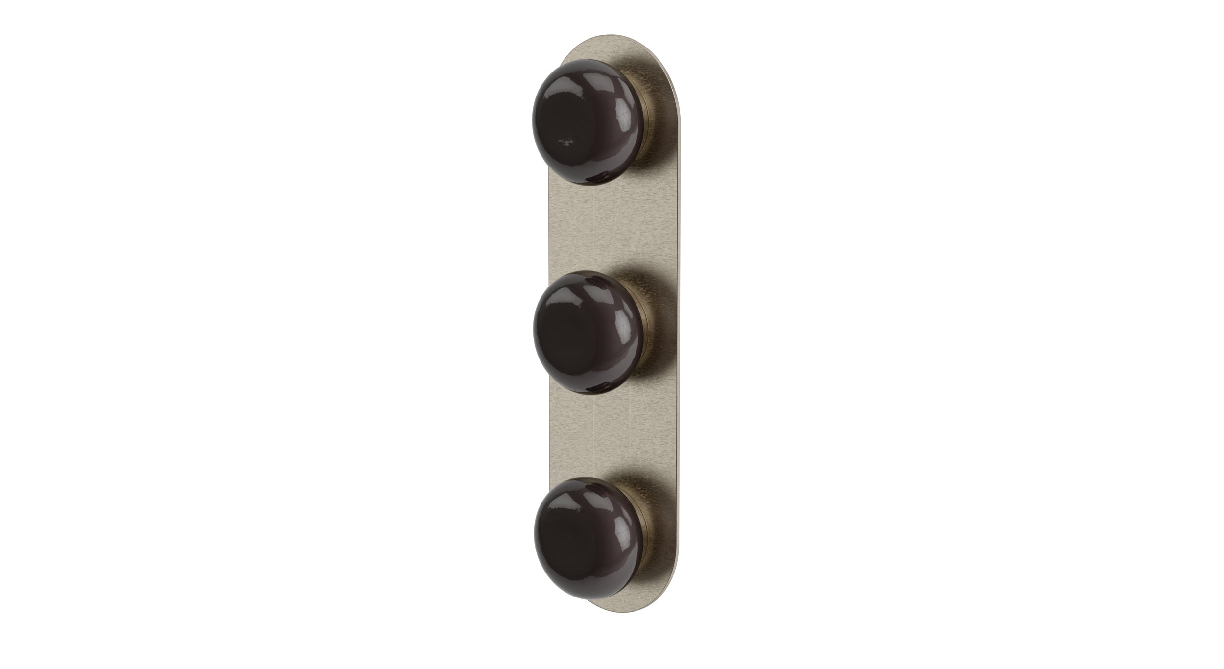 Foundry Three Handle Wall Mount Shower Trim with Pebble Ceramic Knob Handles in Satin Nickel