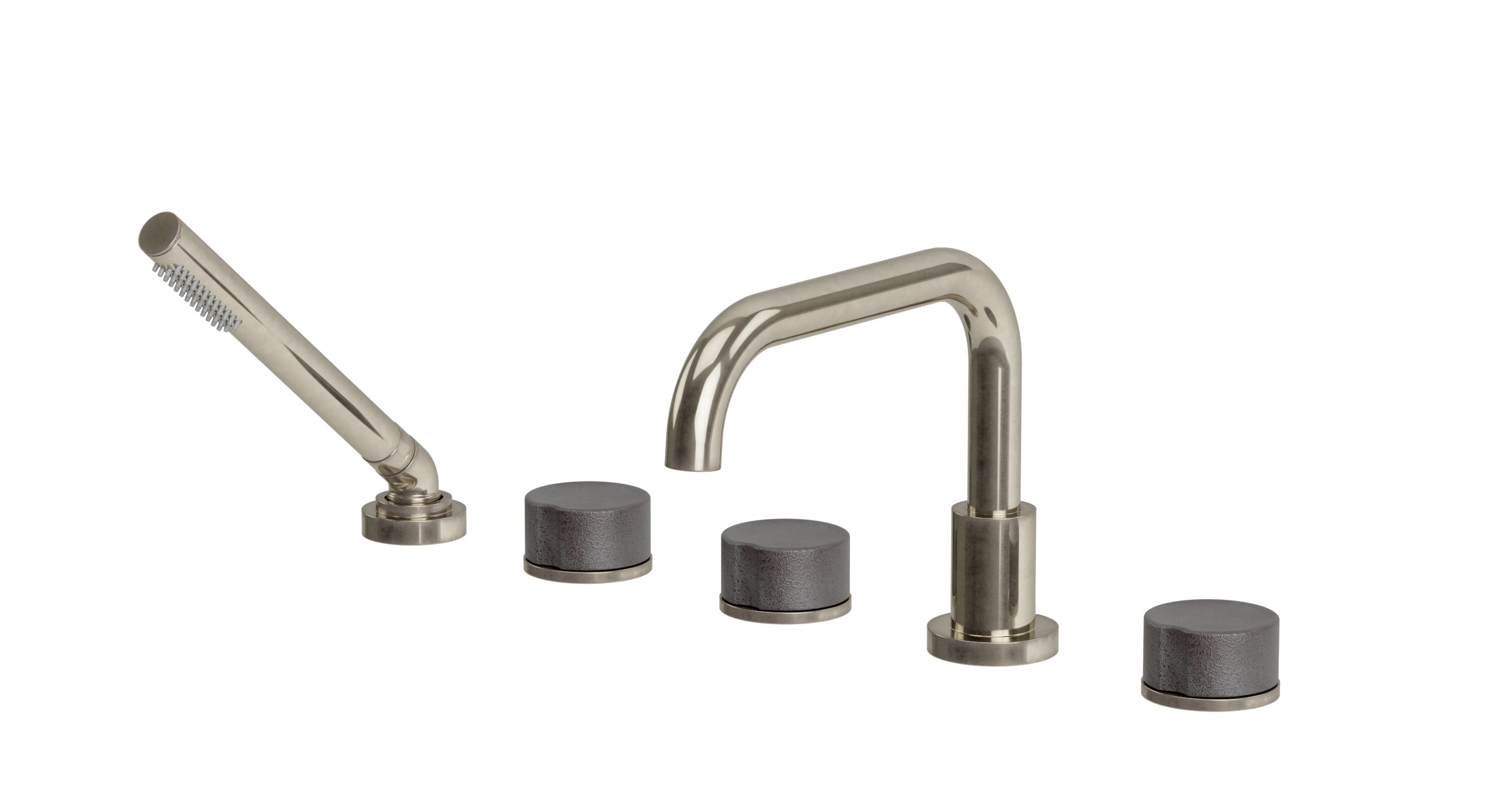 Foundry Three Handle Deck Mount Squaretop Bath Trim with Hand Shower and Groove Ceramic Knob Handles in French Nickel