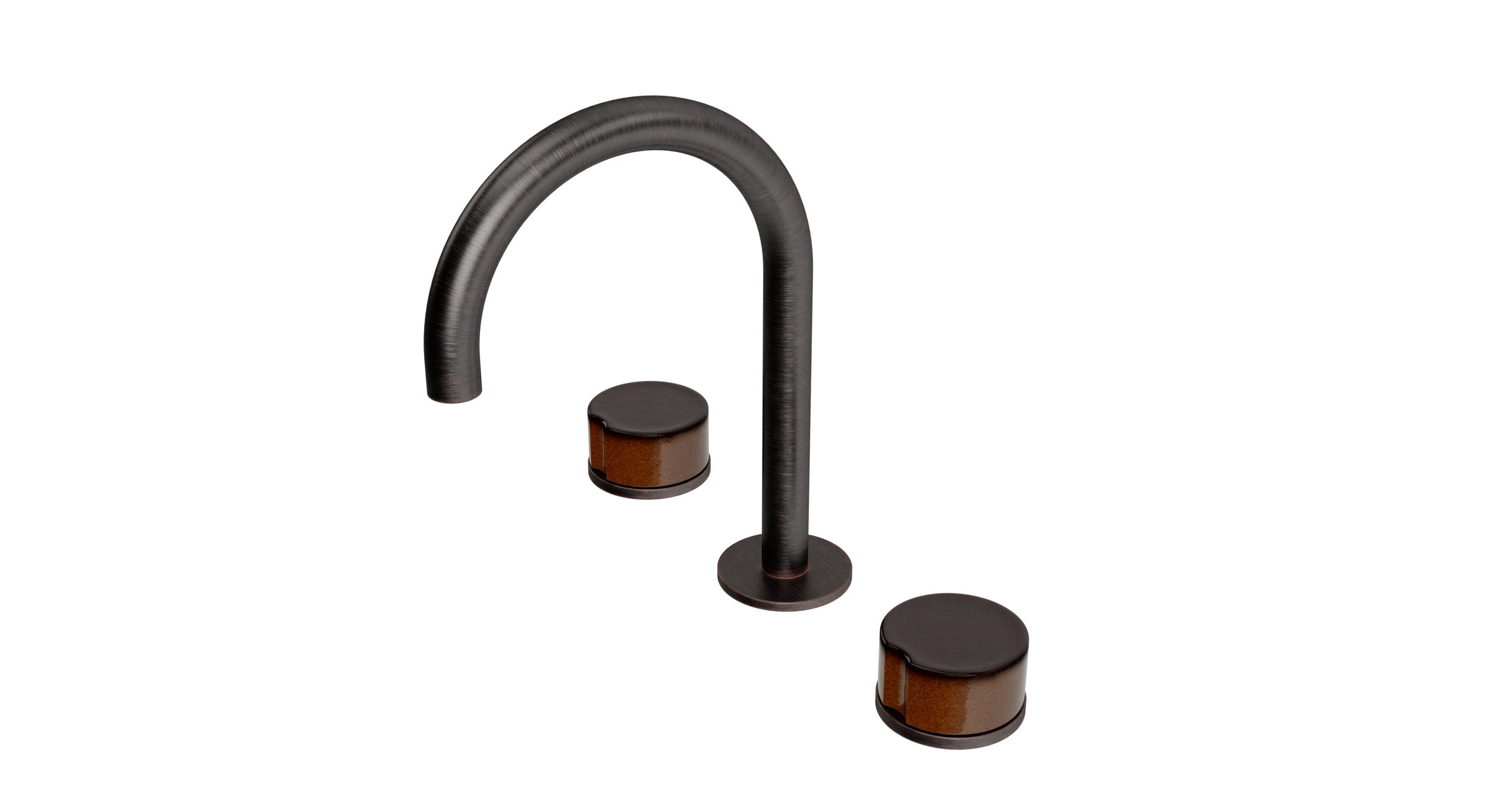 Foundry Two Handle Deck Mount Gooseneck Lavatory Faucet with Groove Ceramic Knob Handles in Antique Bronze