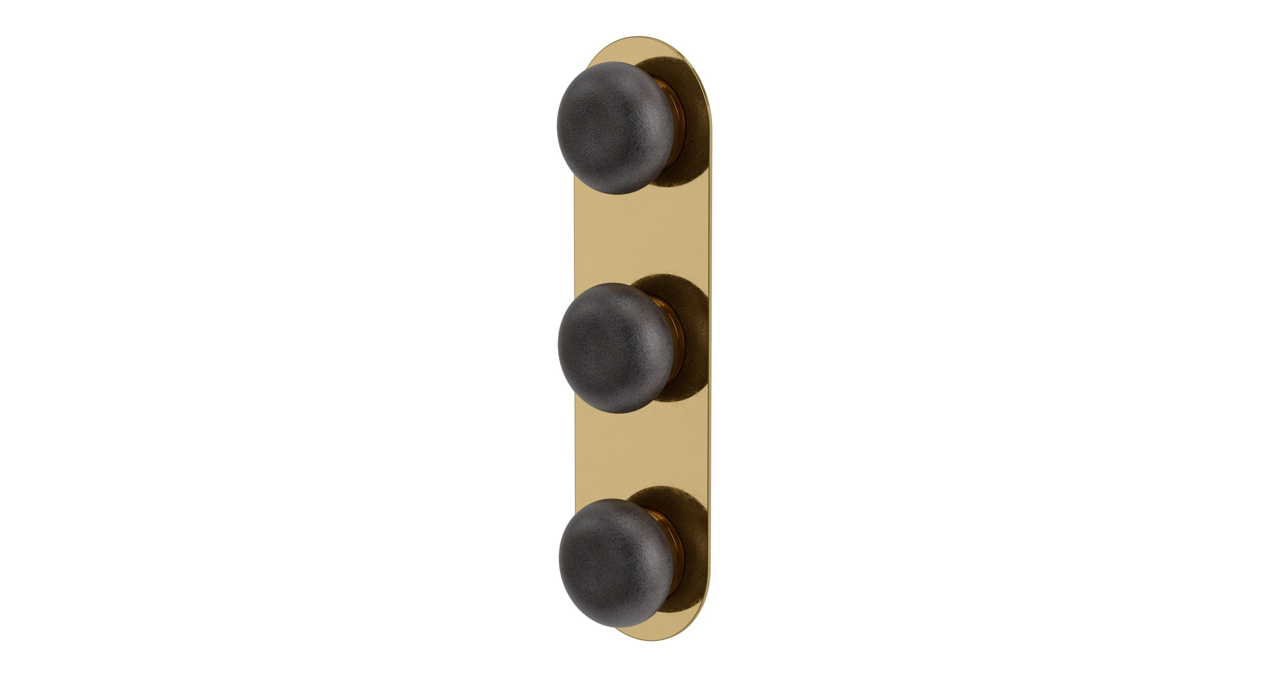 Foundry Three Handle Wall Mount Shower Trim with Pebble Ceramic Knob Handles in Uncoated Polished Brass