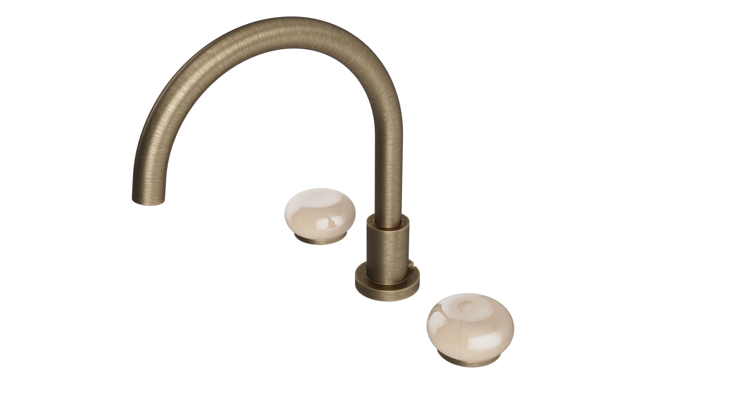 Foundry Two Handle Deck Mount Gooseneck Bath Trim with Pebble Ceramic Knob Handles in Antique Brass