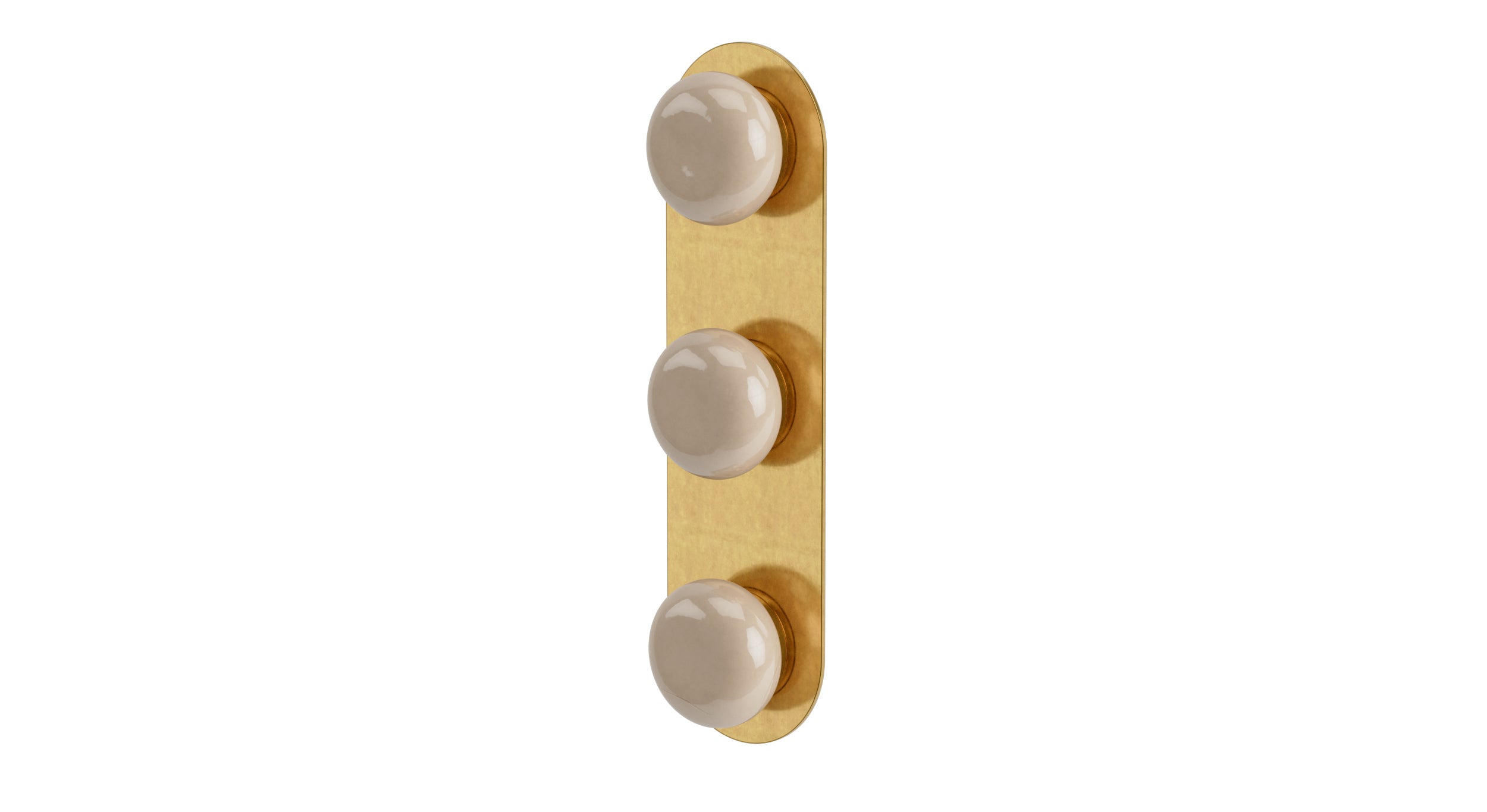 Foundry Three Handle Wall Mount Shower Trim with Pebble Ceramic Knob Handles in French Brass