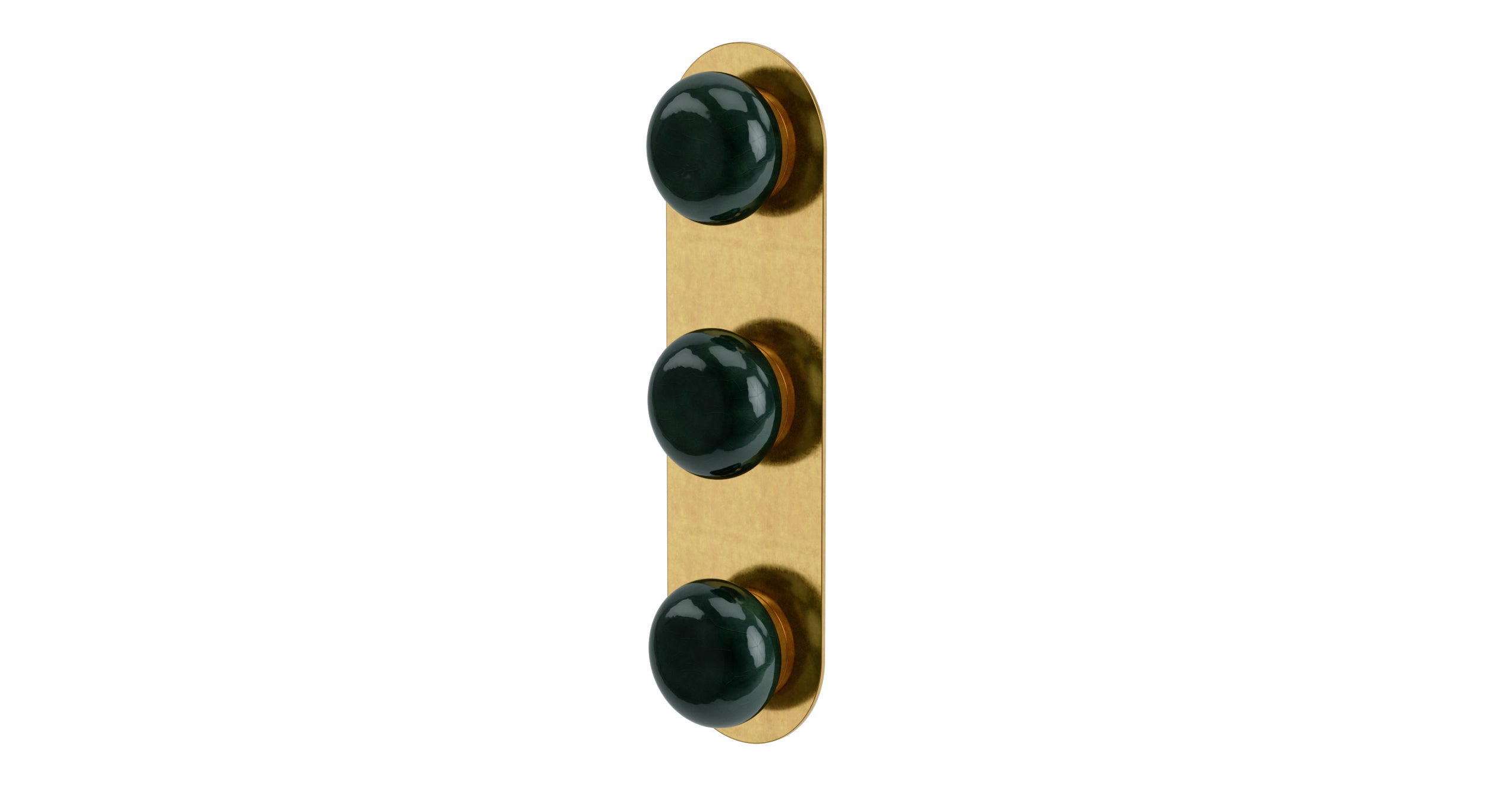Foundry Three Handle Wall Mount Shower Trim with Pebble Ceramic Knob Handles in French Brass