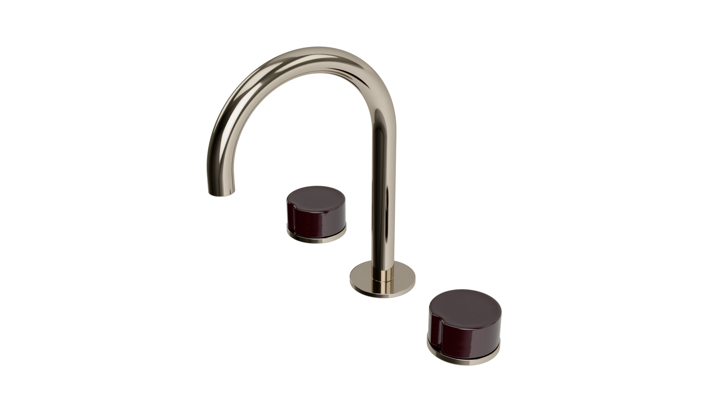 Foundry Two Handle Deck Mount Gooseneck Lavatory Faucet with Groove Ceramic Knob Handles in Polished Nickel