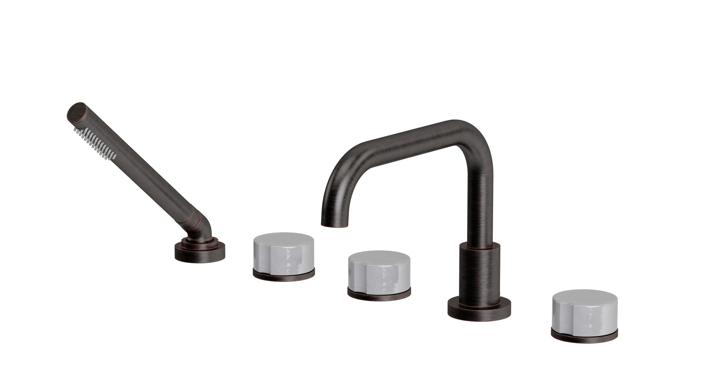 Foundry Three Handle Deck Mount Squaretop Bath Trim with Hand Shower and Groove Ceramic Knob Handles in Antique Bronze