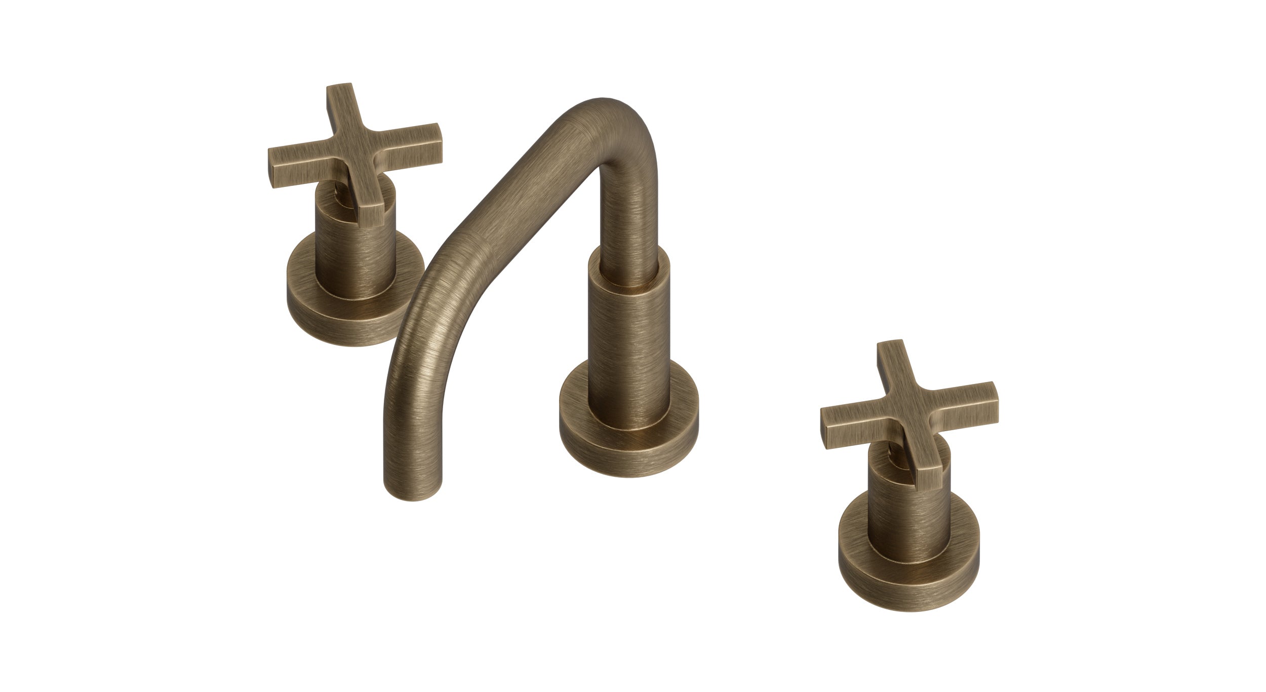 Flatiron Two Handle Deck Mount Squaretop Lavatory Faucet with Linear Cross Handles in Antique Brass
